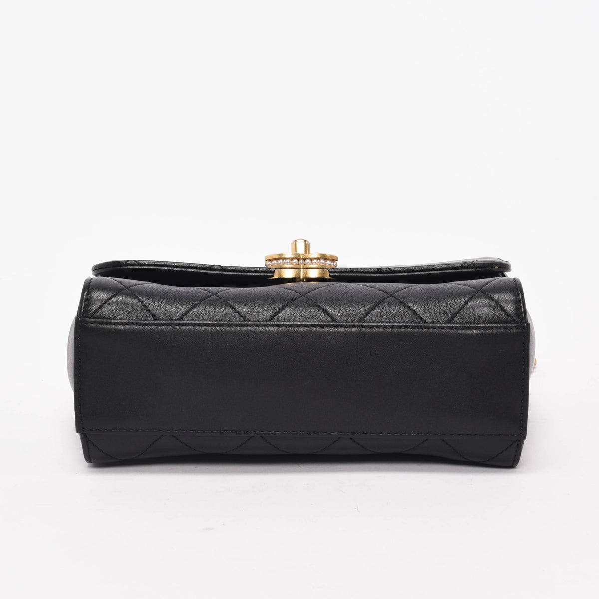 Chanel Black Calfskin Pearl Logo Top Flap Bag - Rovelle Bags