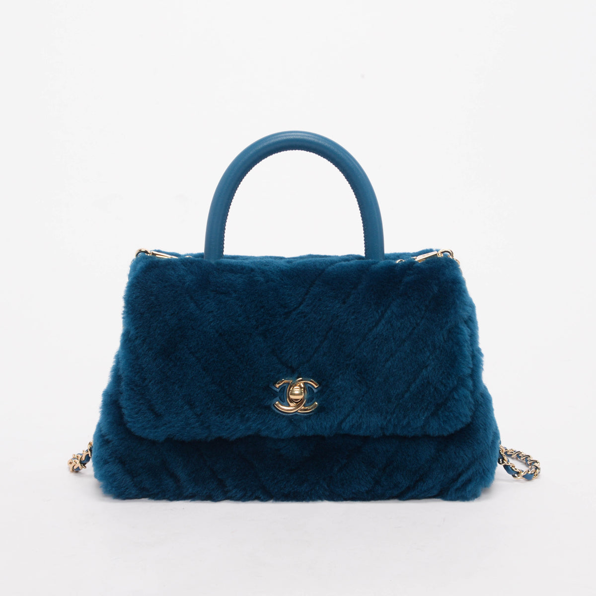 Chanel Teal Shearling Small Coco Handle Handbag - Rovelle Bags