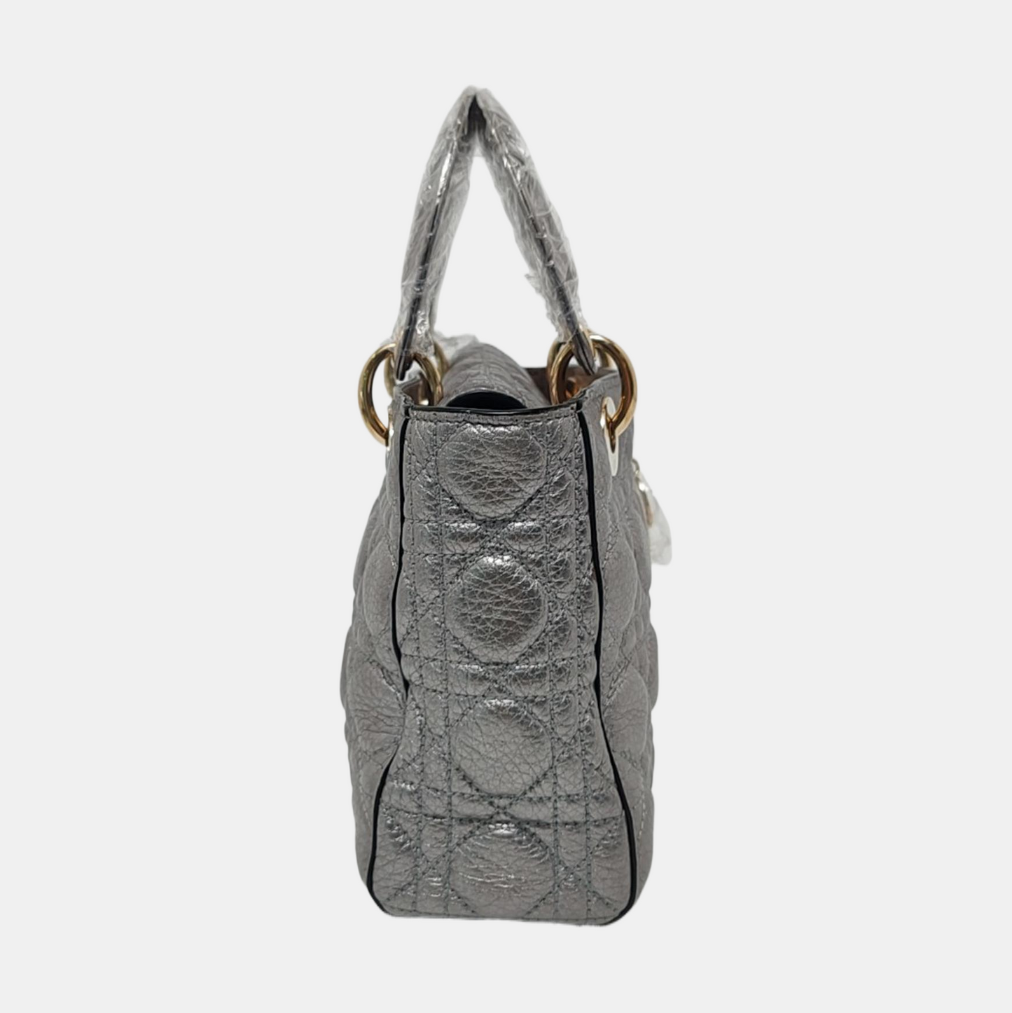 Lady Dior Small Supple Calfskin Leather Metallic Grey Cannage Handbag with Strap