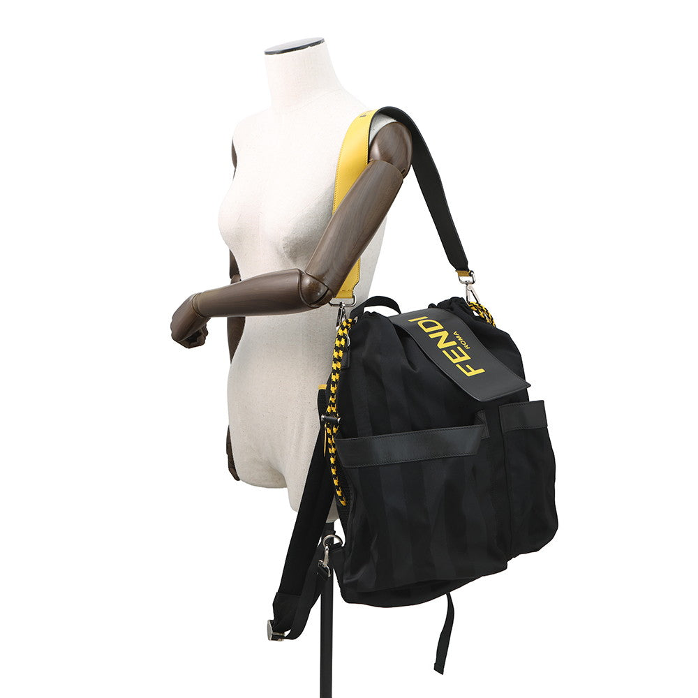 FENDI Strike Pecan Backpack Black/Yellow7VZ056 Nylon Leather Size Large