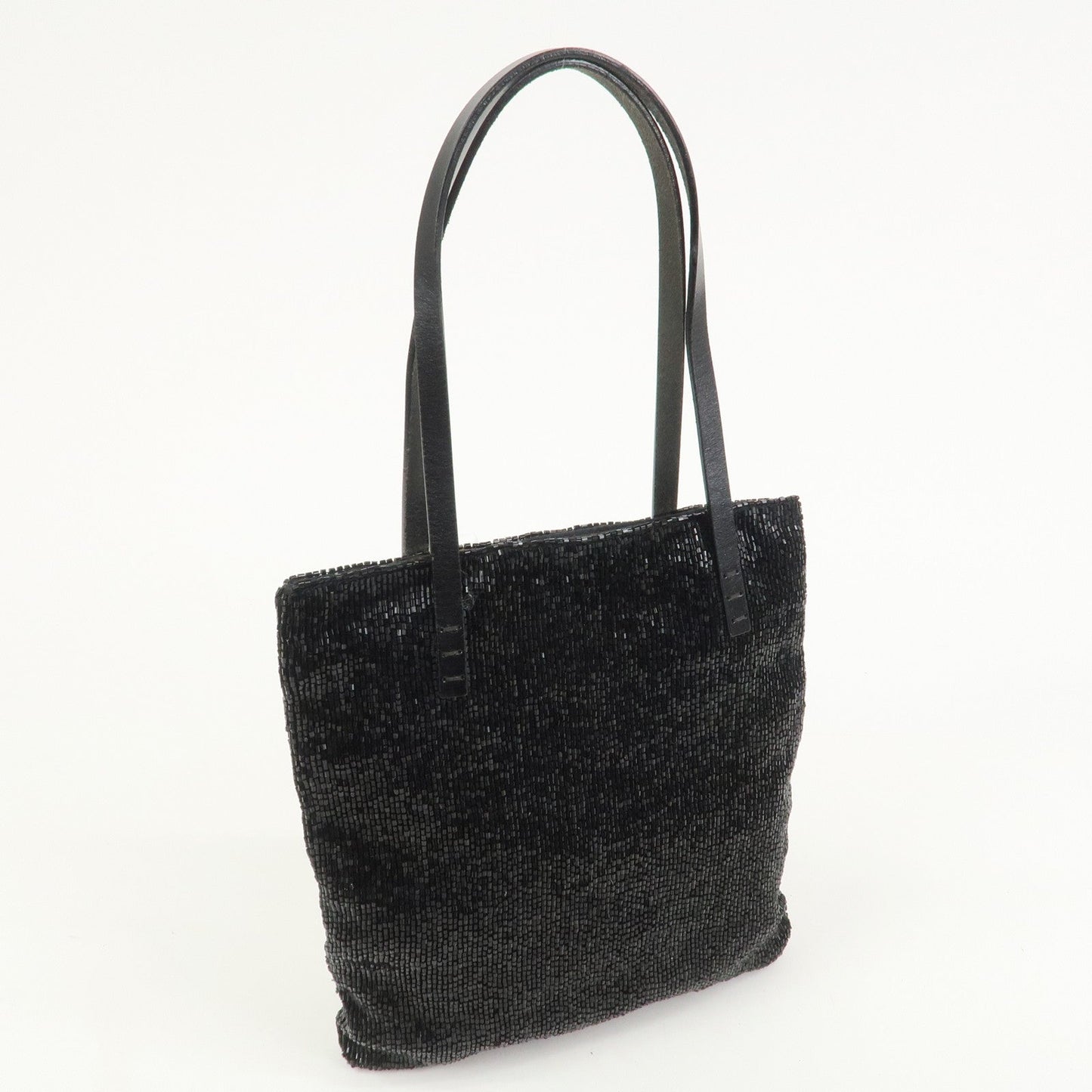 FENDI Logo Beads Leather Hand Bag Tote Bag Black