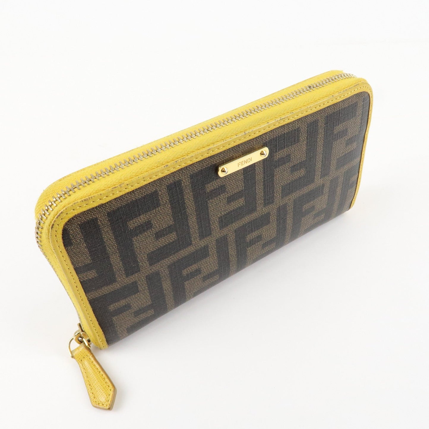 FENDI Zucca PVC Leather Round Zippy Long Wallet Brown Yellow 8M0299
