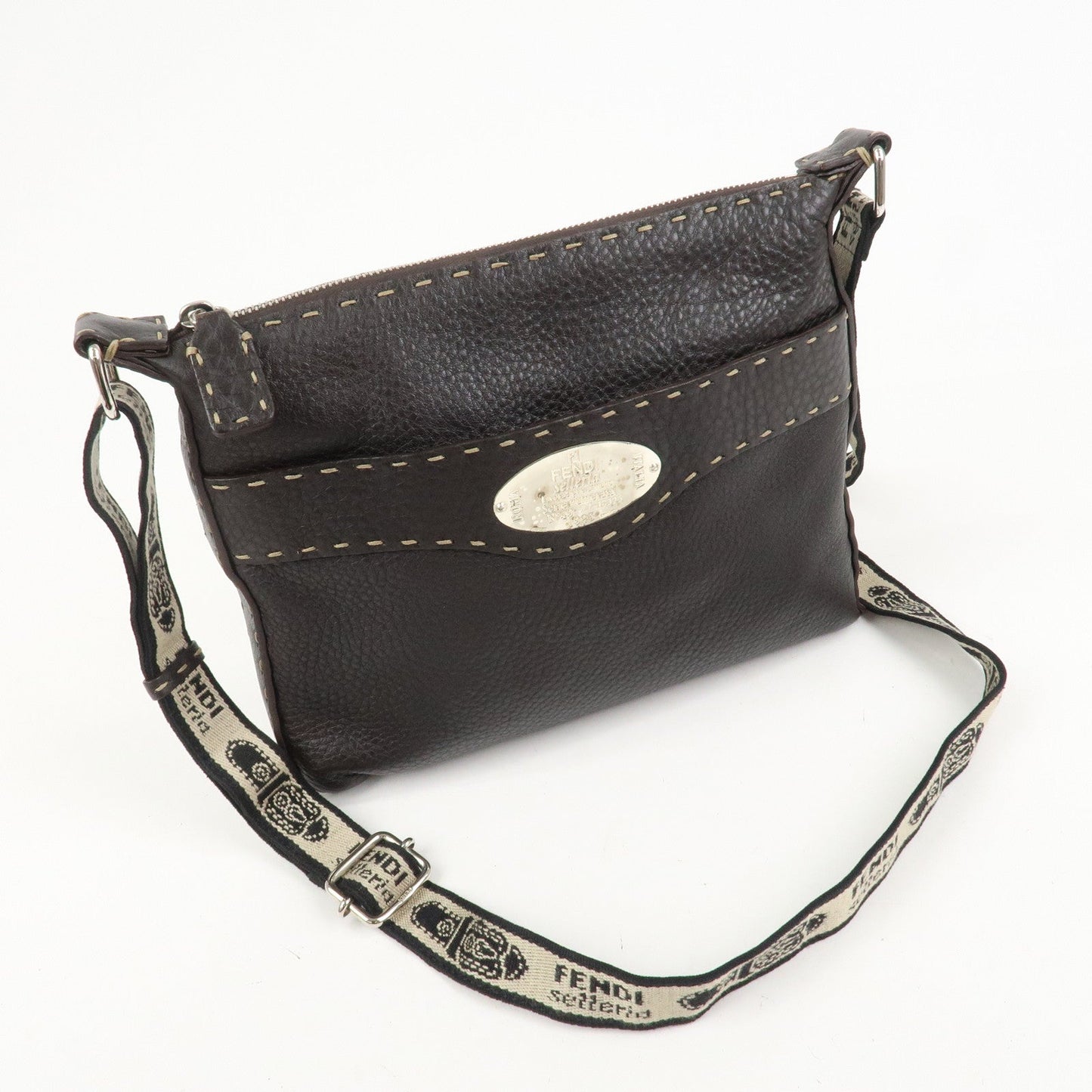 FENDI Selleria Leather Shoulder Bag Crossbody Bag Brown 8BT092