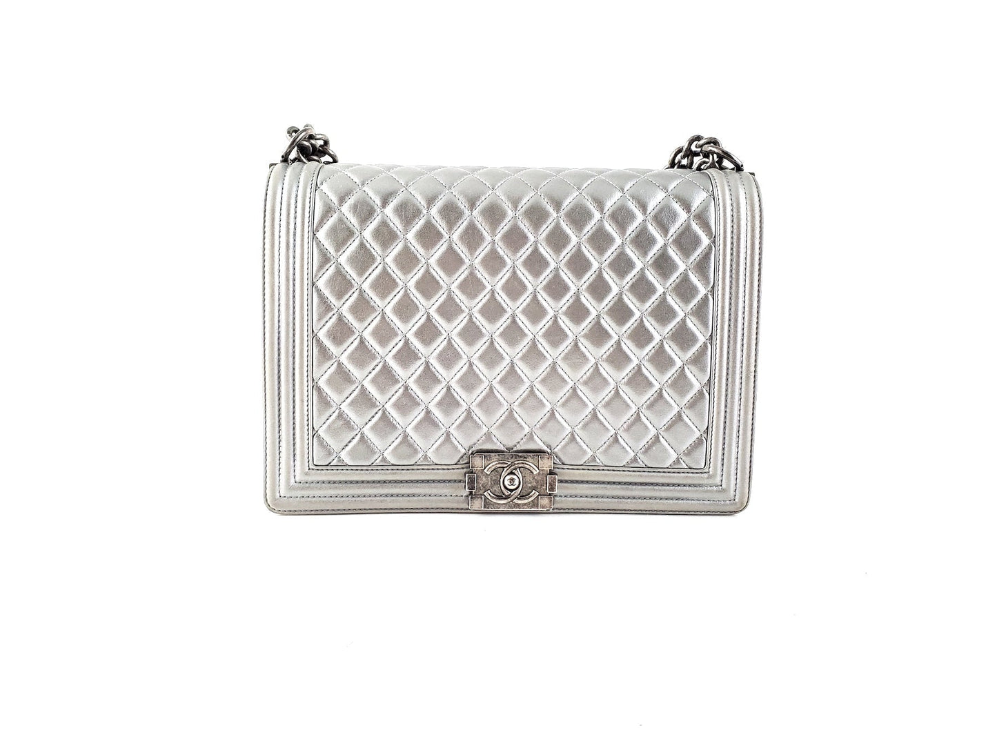 Chanel Large Metallic Silver Quilted Boy Flap Bag - Rovelle Bags