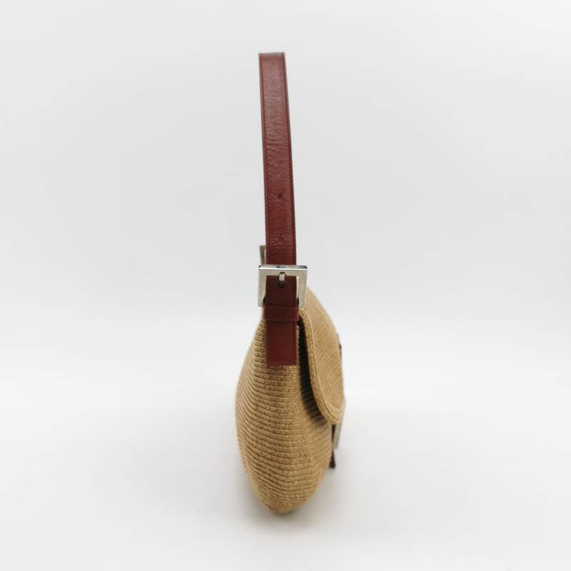 Fendi Mamma Baguette Raffia Straw Shoulder Bag Red Leather Strap