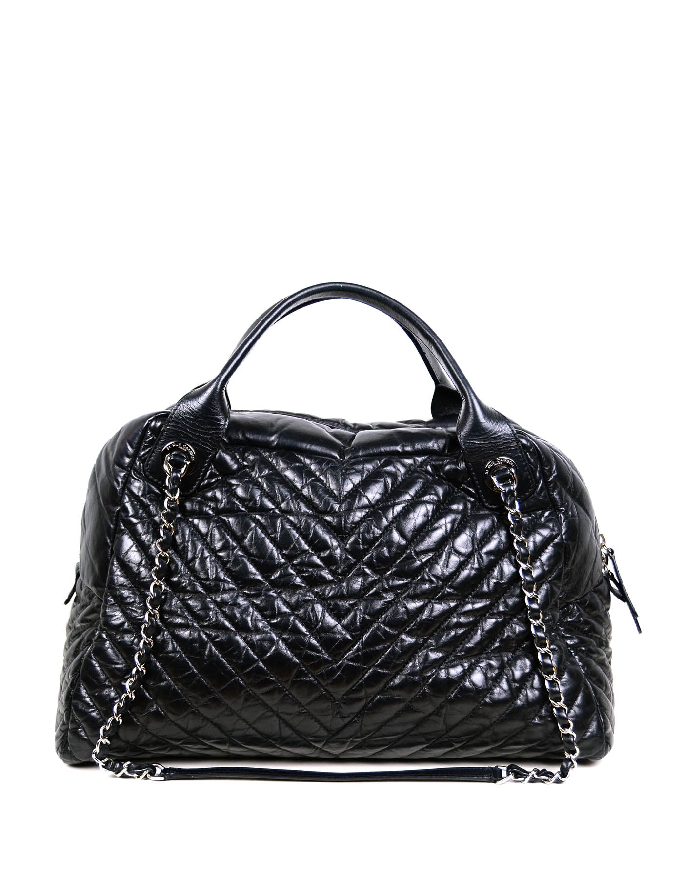 Chanel Black Aged Calfskin Leather Chevron Handbag - Rovelle Bags