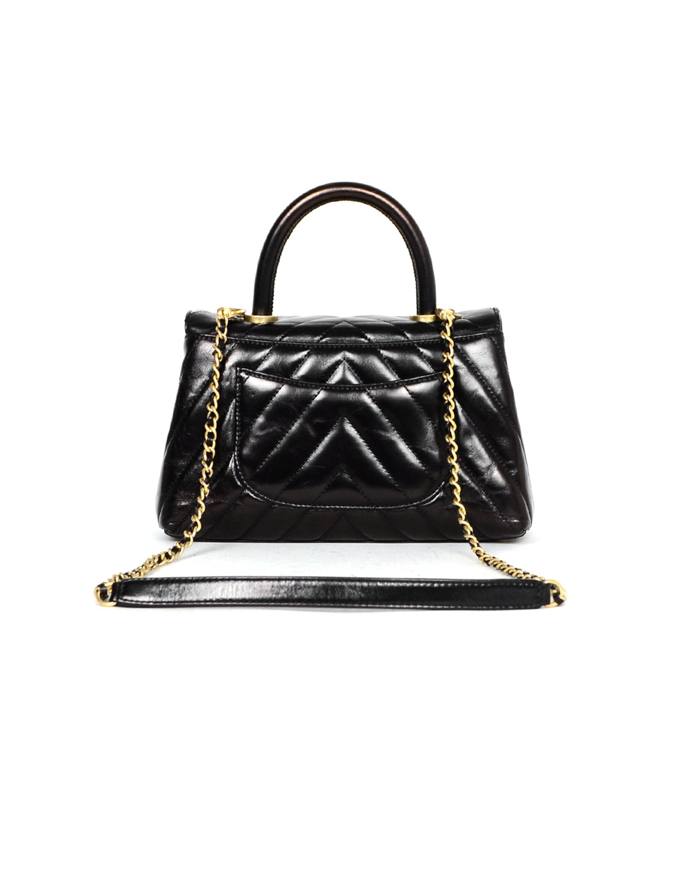 Chanel Black Shiny Calfskin Chevron Quilted Handbag - Rovelle Bags
