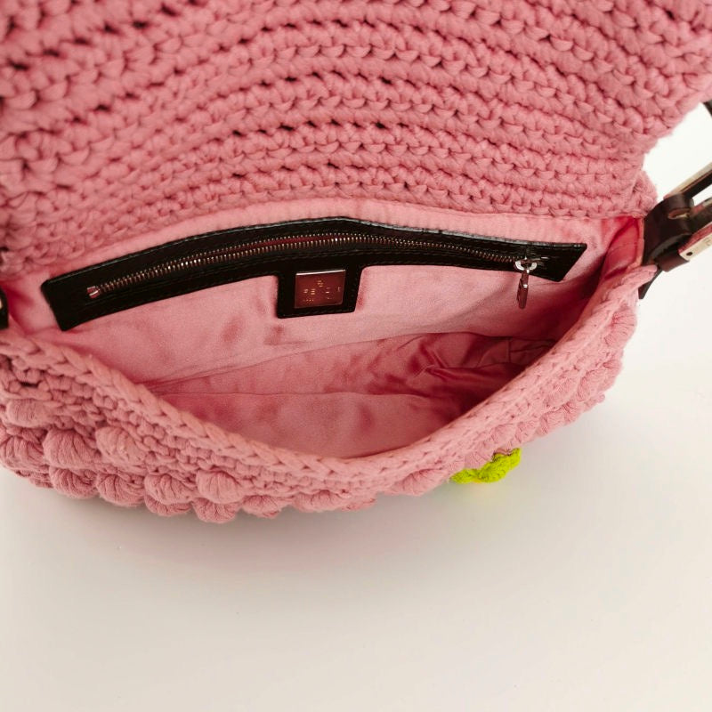 Fendi Baguette Bag Pink Crochet Knit Wool Pompom and Flowers Shoulder Bag