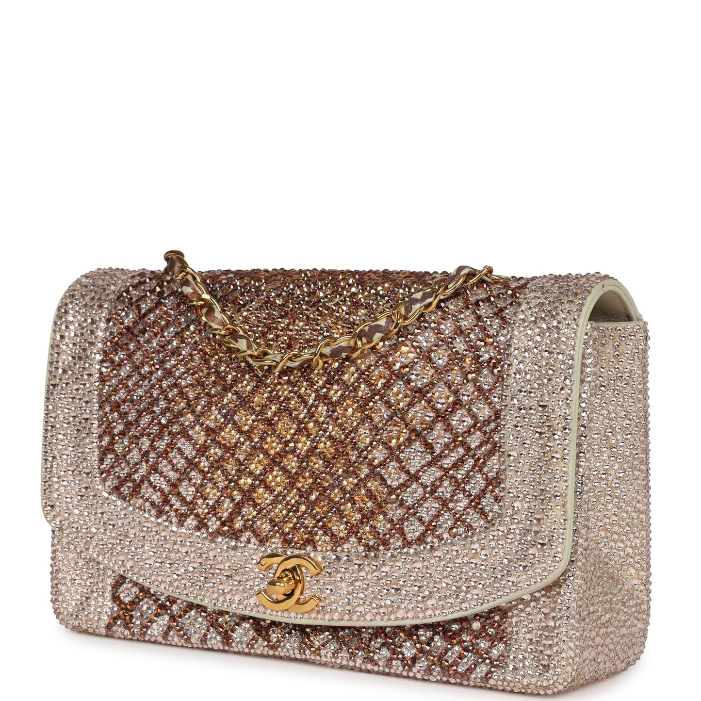 Custom Swarovski Crystal Chanel Medium Diana Flap Bag Beige Lambskin Gold Hardware