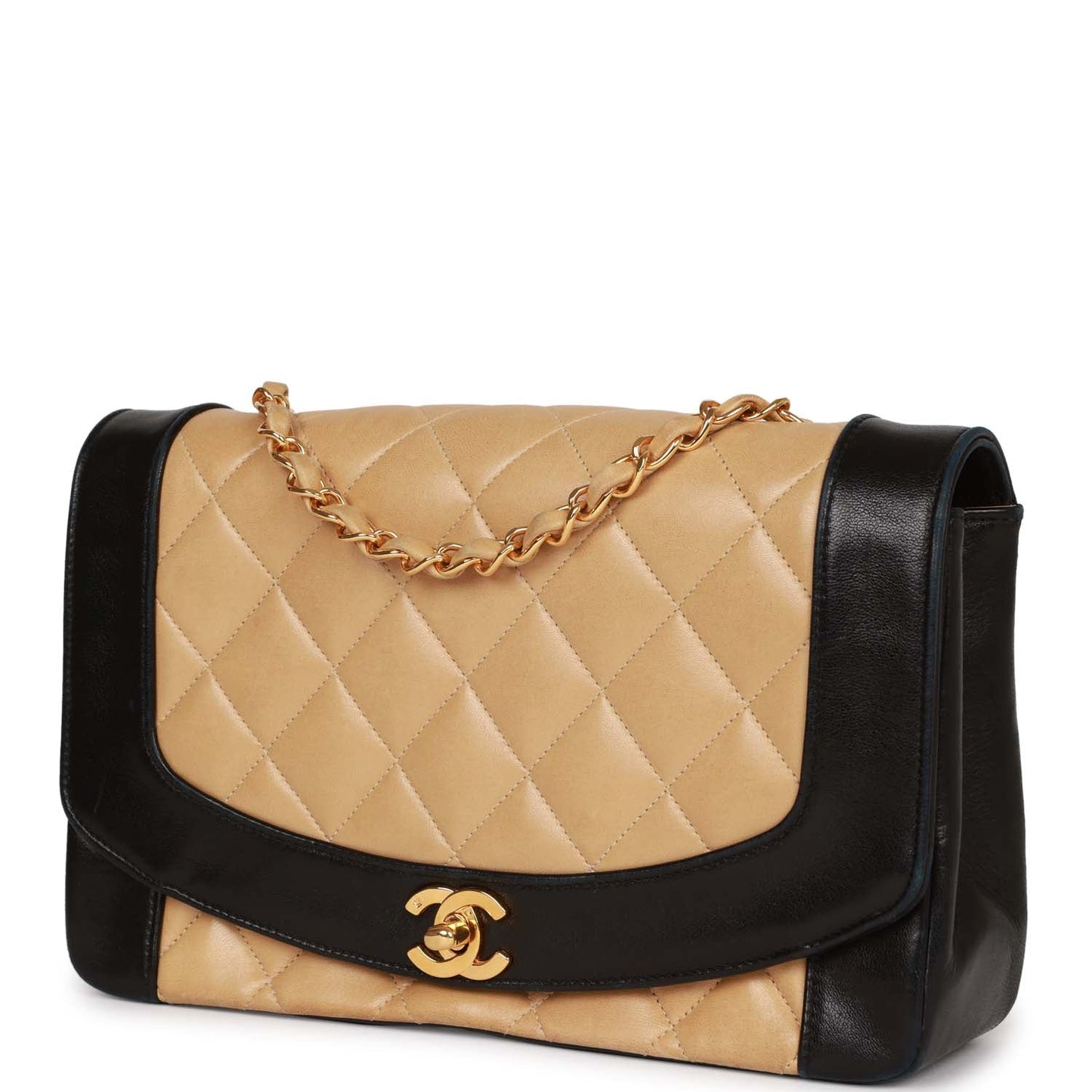 Chanel Medium Diana Flap Bag Black and Beige Lambskin Gold Hardware