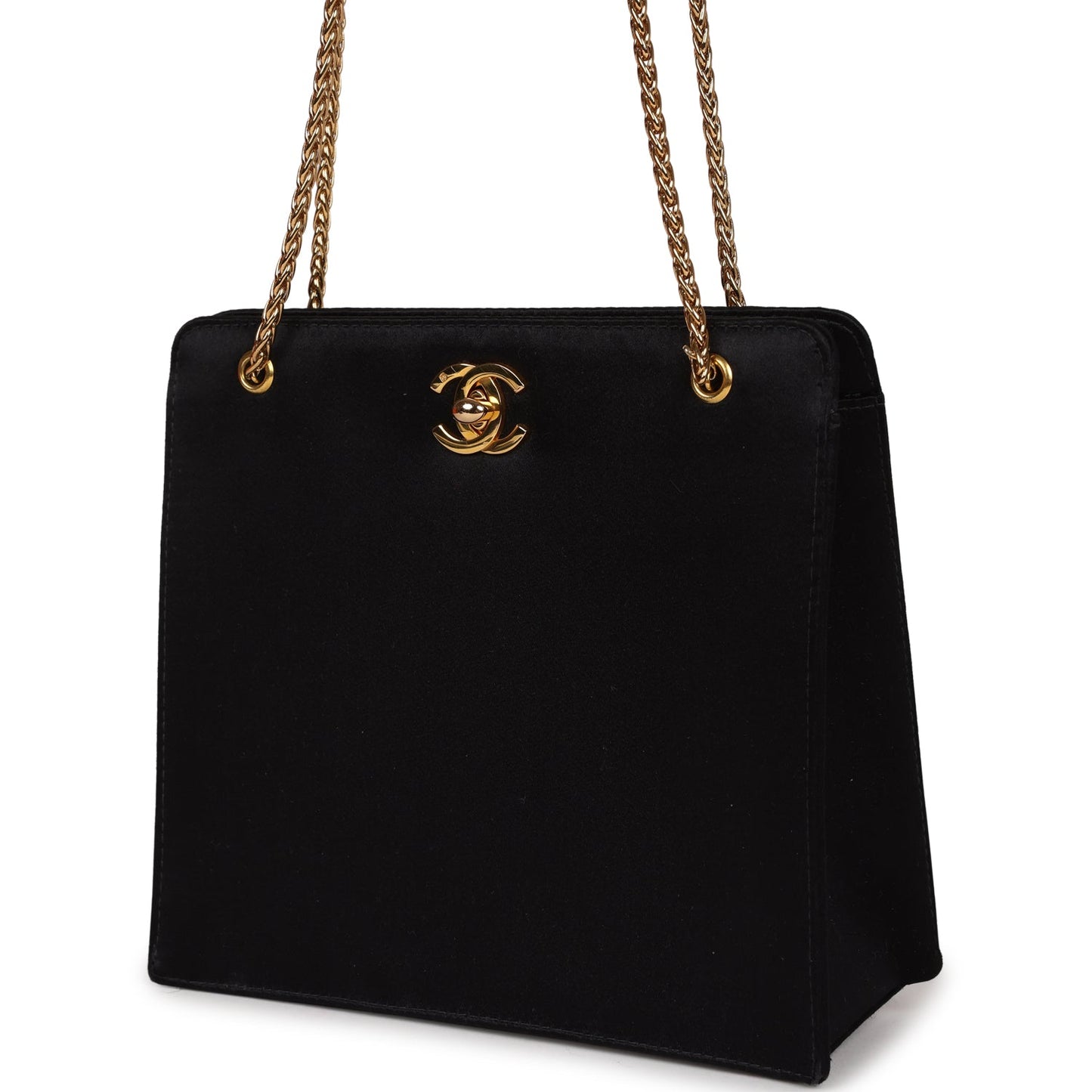 Chanel Square Shoulder Bag Black Satin Gold Hardware