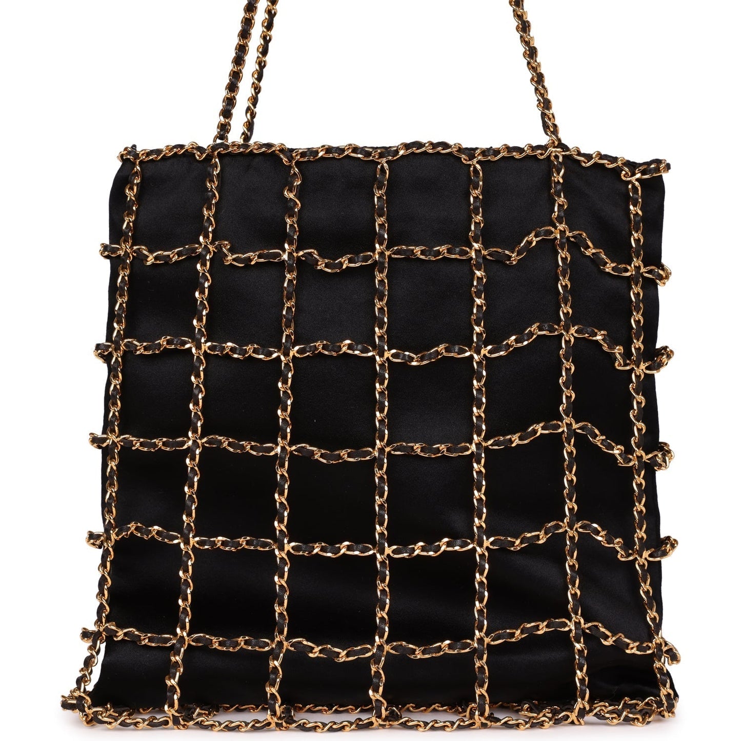 Chanel Chain Frame CC Shopping Tote Black Satin Gold Hardware