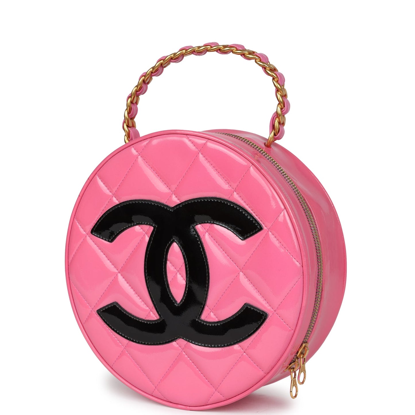 Chanel Round Vanity Bag Pink and Black Patent Leather Antique Gold Hardware
