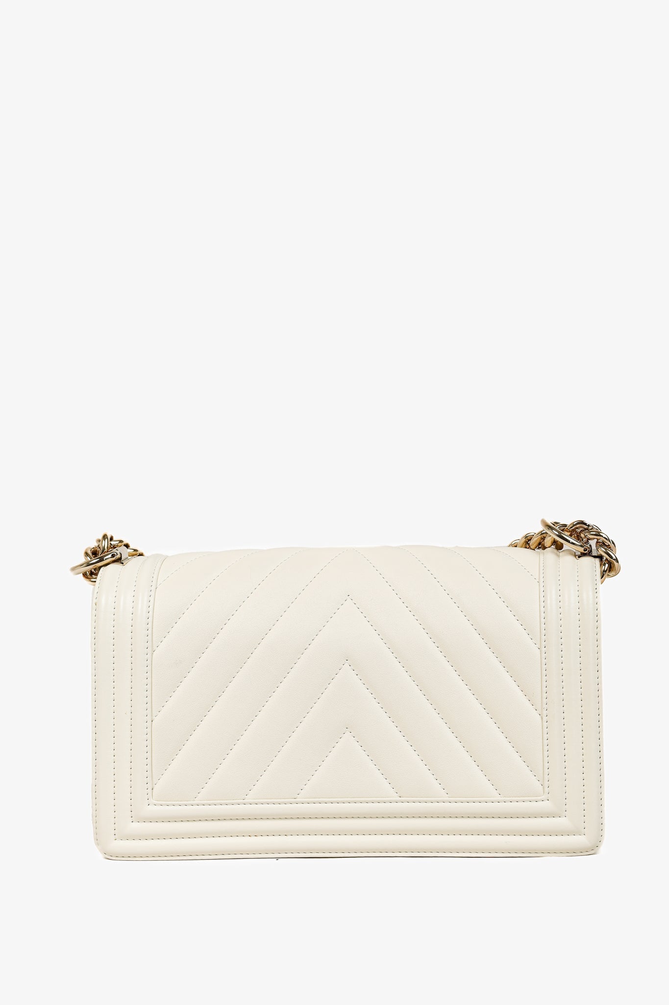Chanel Medium Boy Creme Chevron Lambskin Shoulder Bag - Rovelle Bags