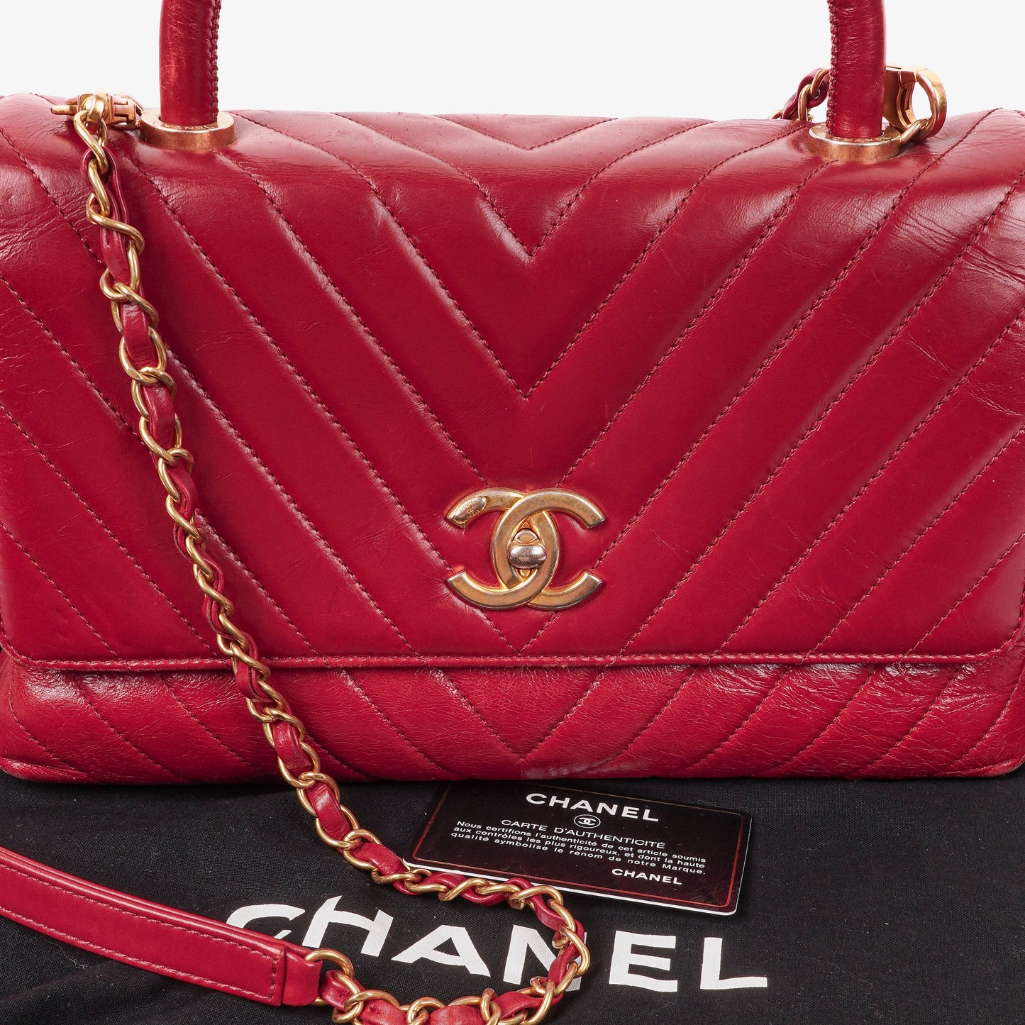 Chanel Large Red Chevron Quilted Calfskin Coco Handle Flap