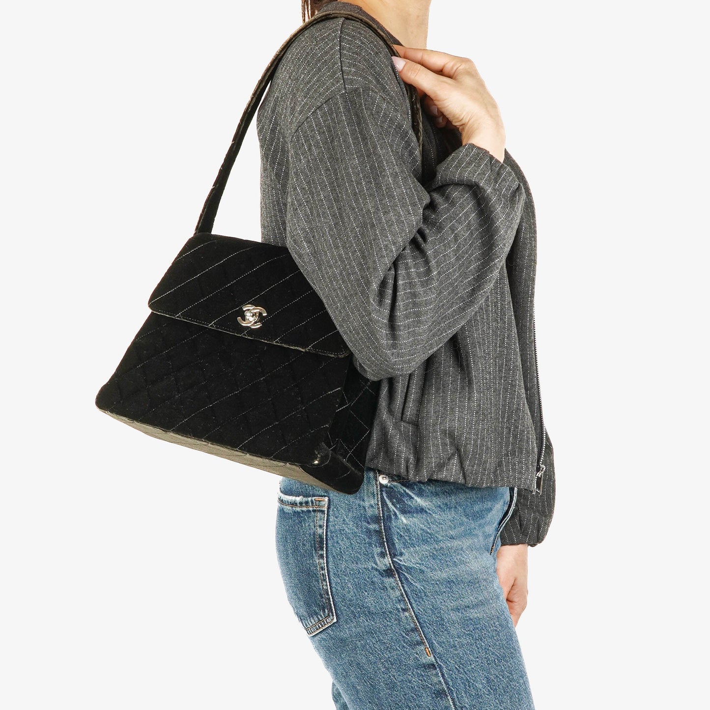 Chanel Velvet Quilted Flap Shoulder Bag Olive Green