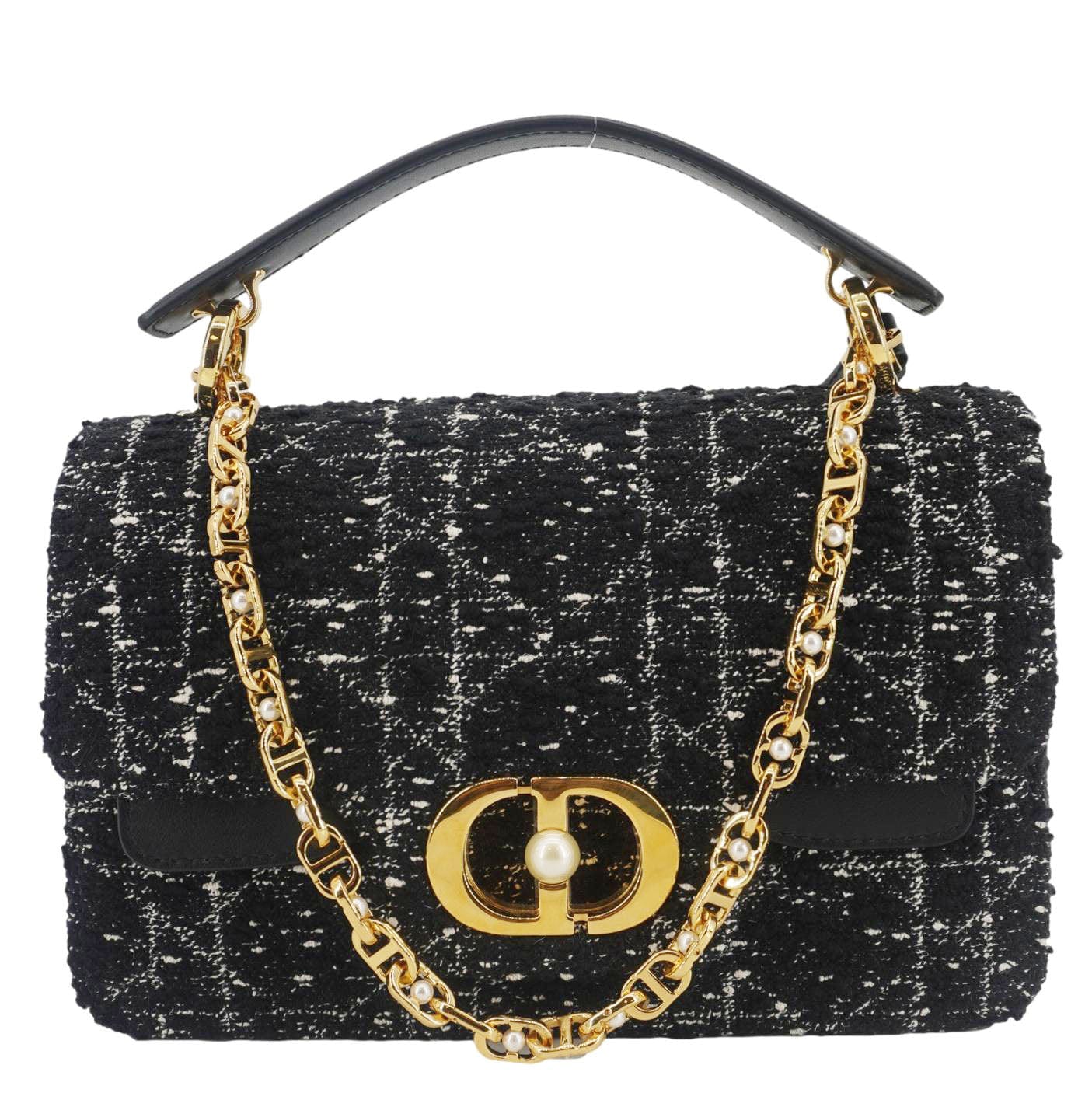 CHRISTIAN DIOR Jolie Small Cannage Tweed Top Handle Shoulder Bag Black