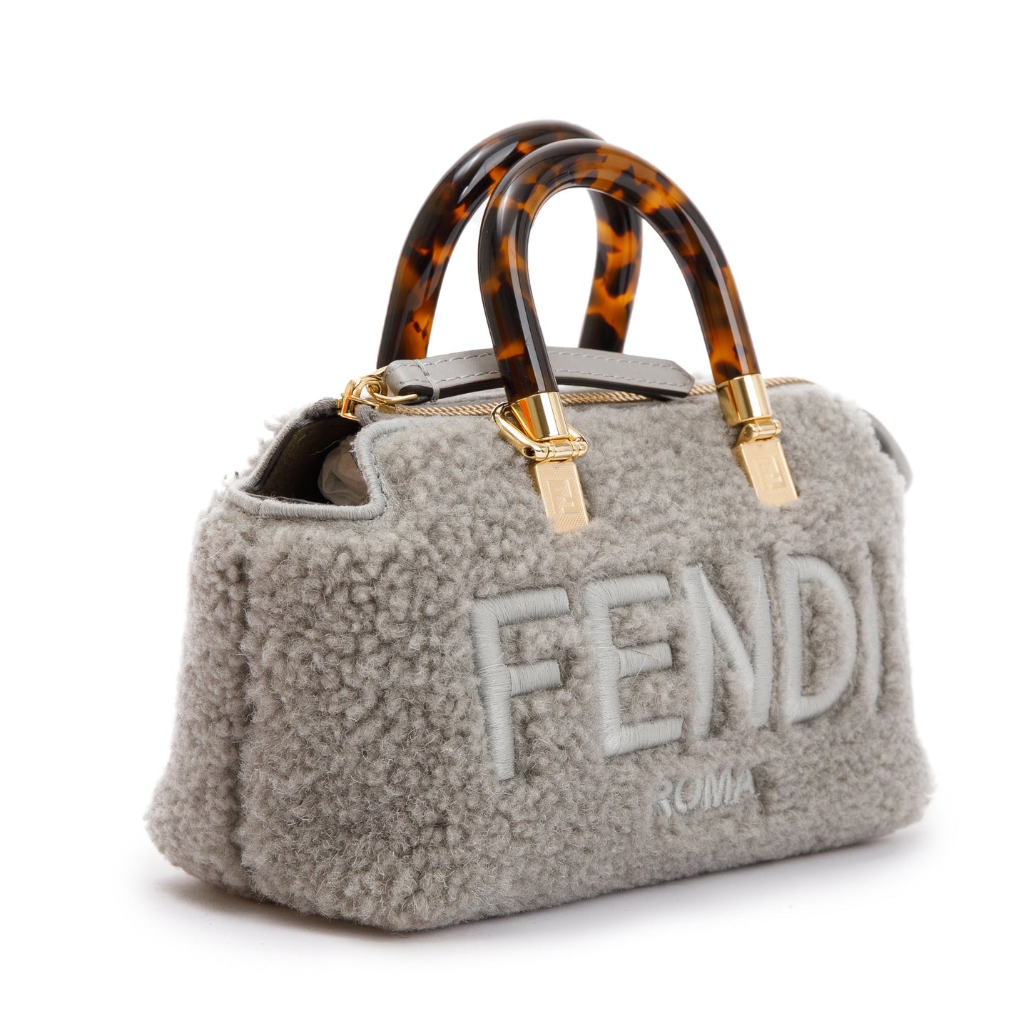 Fendi 2022 Grey Sheepskin Logo Embroidered By the Way Mini Boston Bag