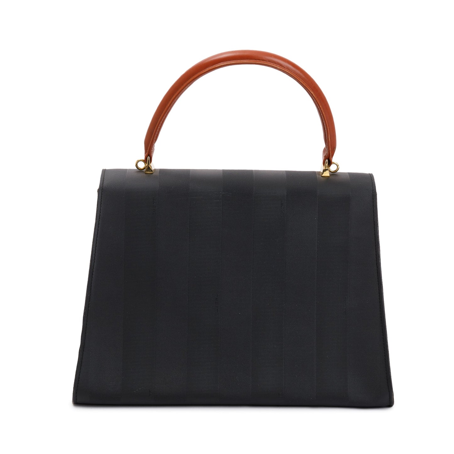Fendi Navy Pequin Stripe Brown Leather Trimmed Handle Bag with Strap