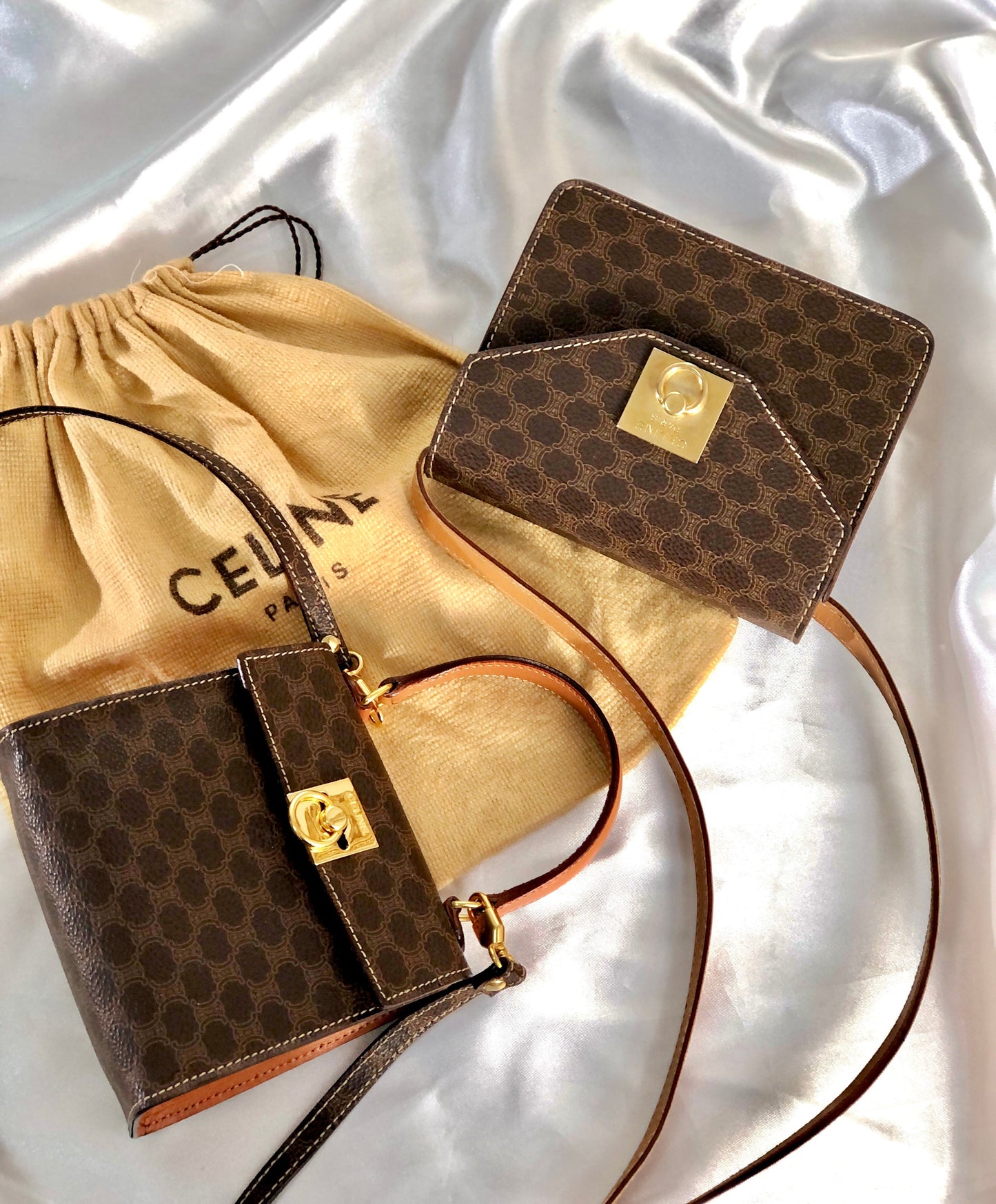 CELINE Macadam Gancini Mantel Mini Bag Shoulder Bag Brown Old Celine ky5u3f
