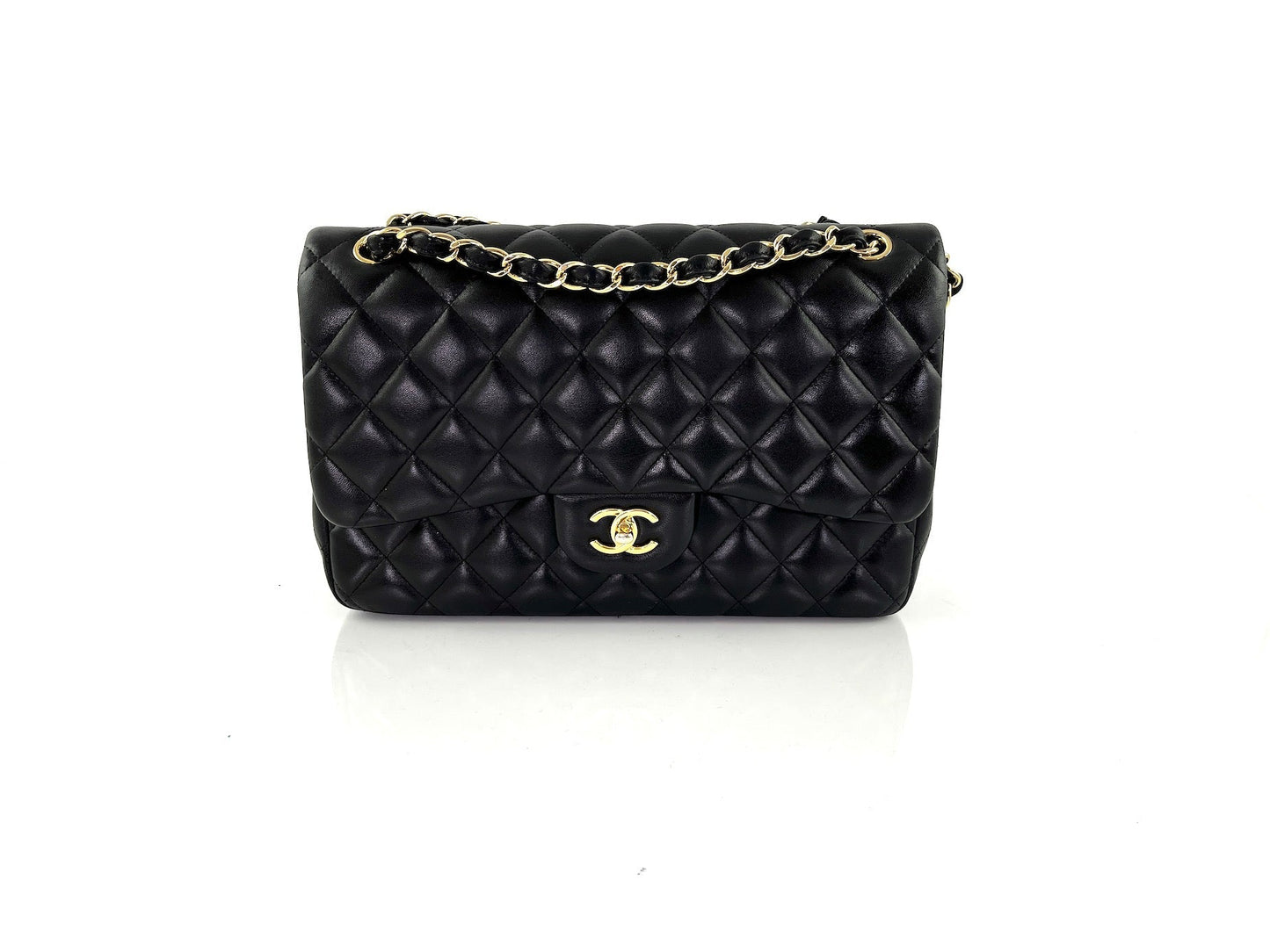 Chanel Black Lambskin Jumbo Quilted Gold Flap Bag - Rovelle Bags