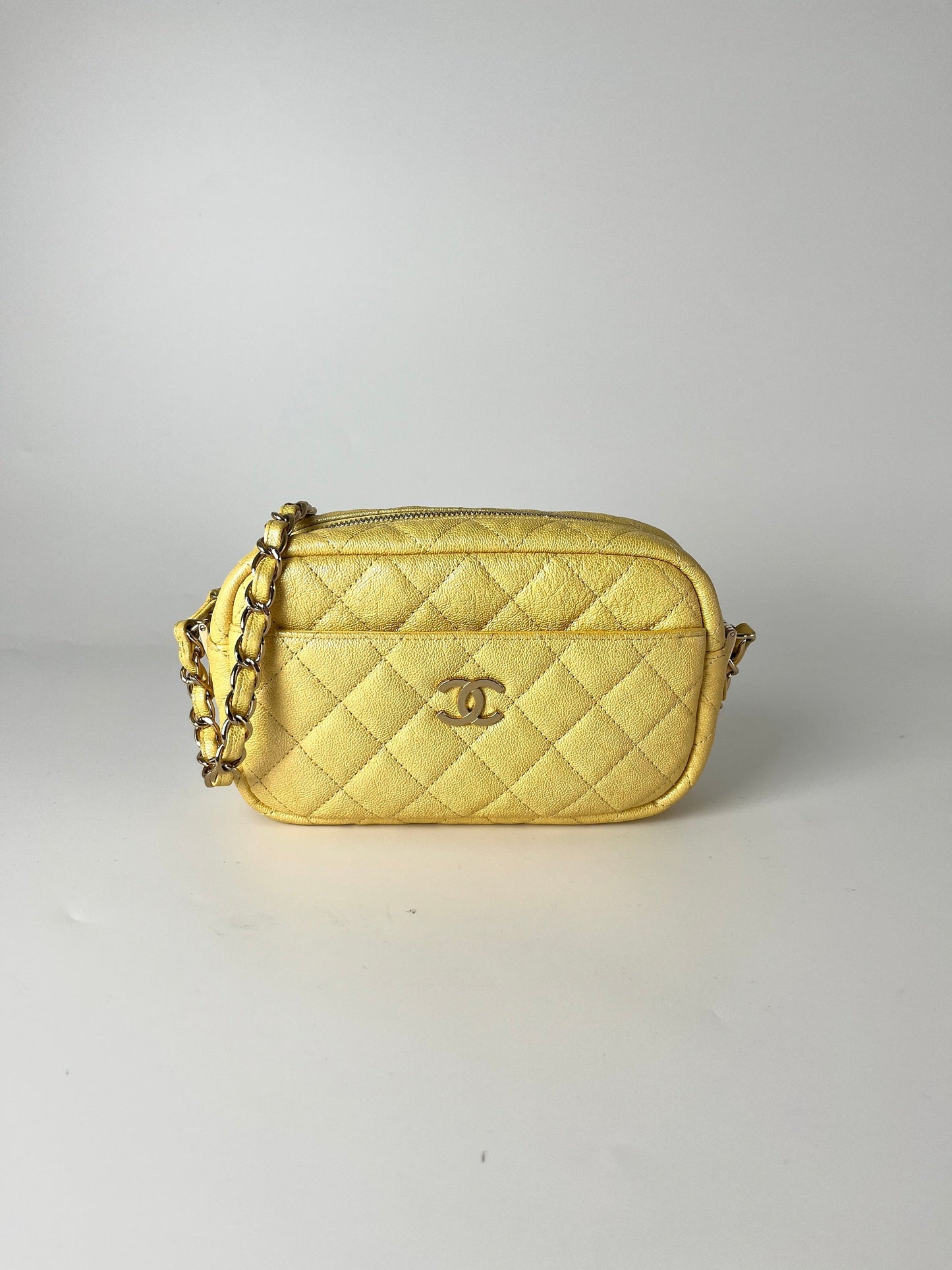 Chanel Iridescent Yellow Caviar Leather Camera Crossbody Bag - Rovelle Bags