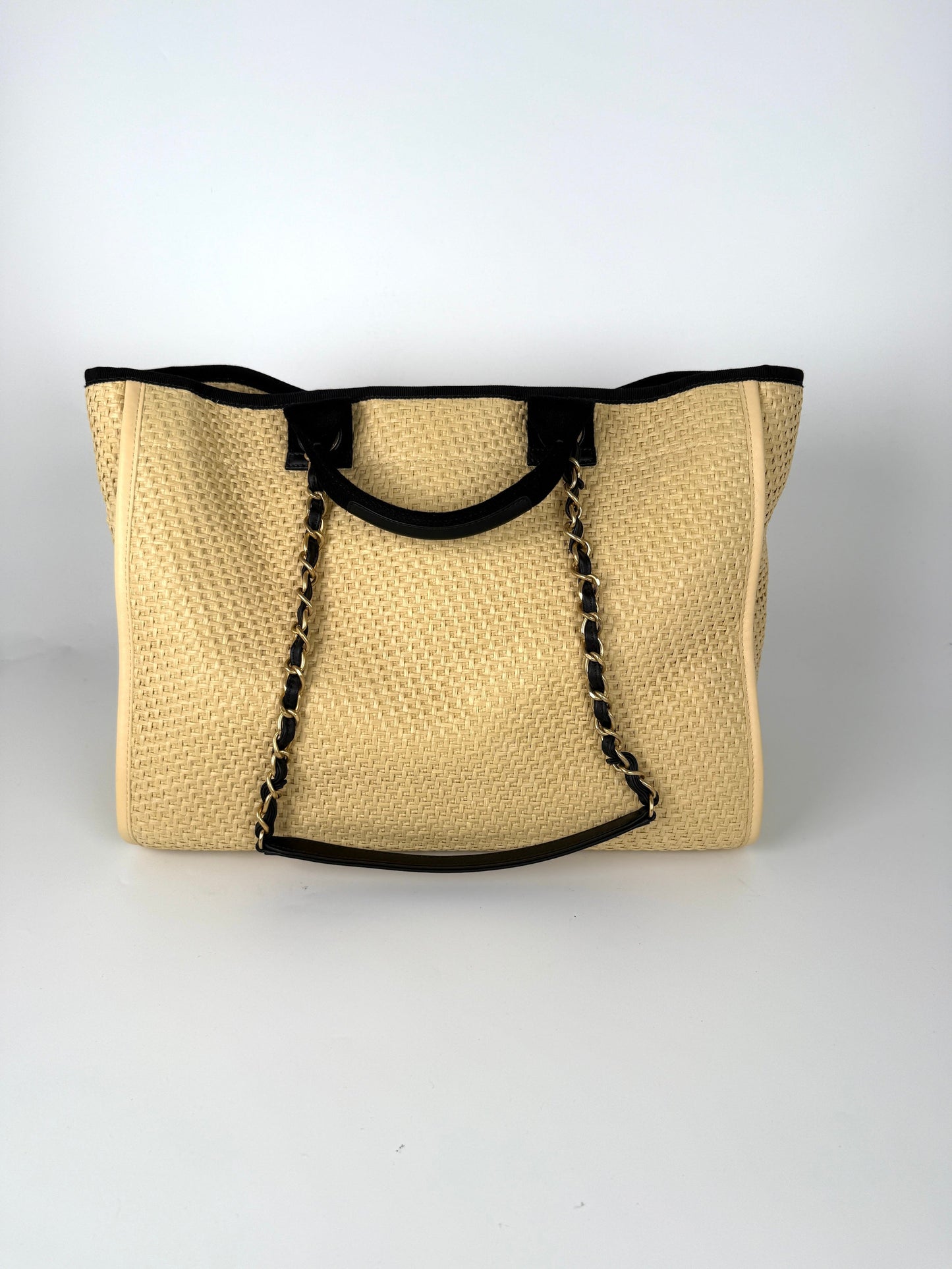 Chanel Deauville Straw Raffia Calfskin Beige Tote Bag - Rovelle Bags