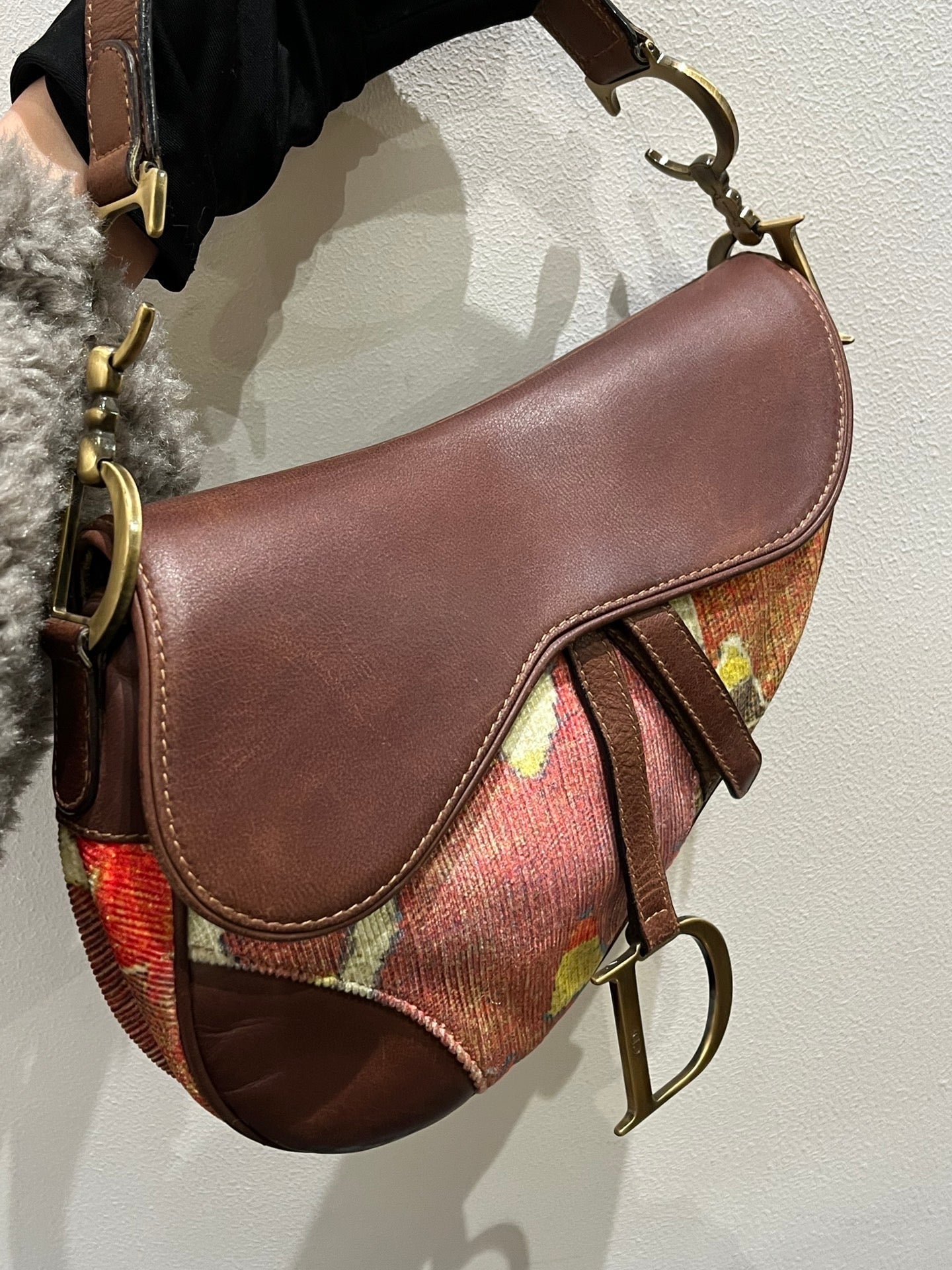 Dior Saddle bag brown leather and printed velvet RARE