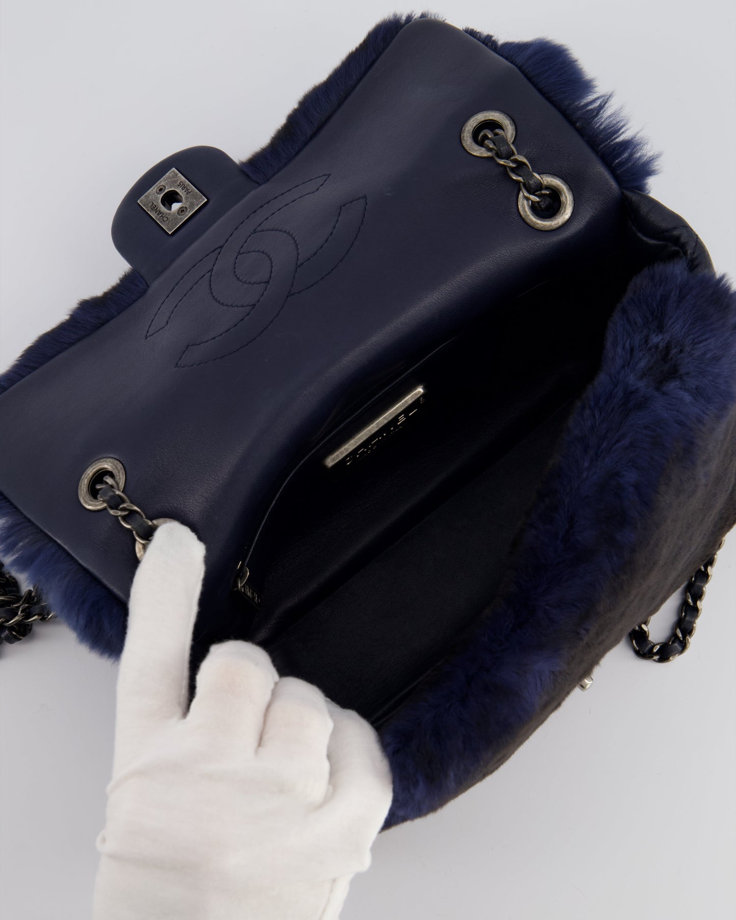 Chanel Navy Rabbit Fur Single Flap Bag with Silver Hardware