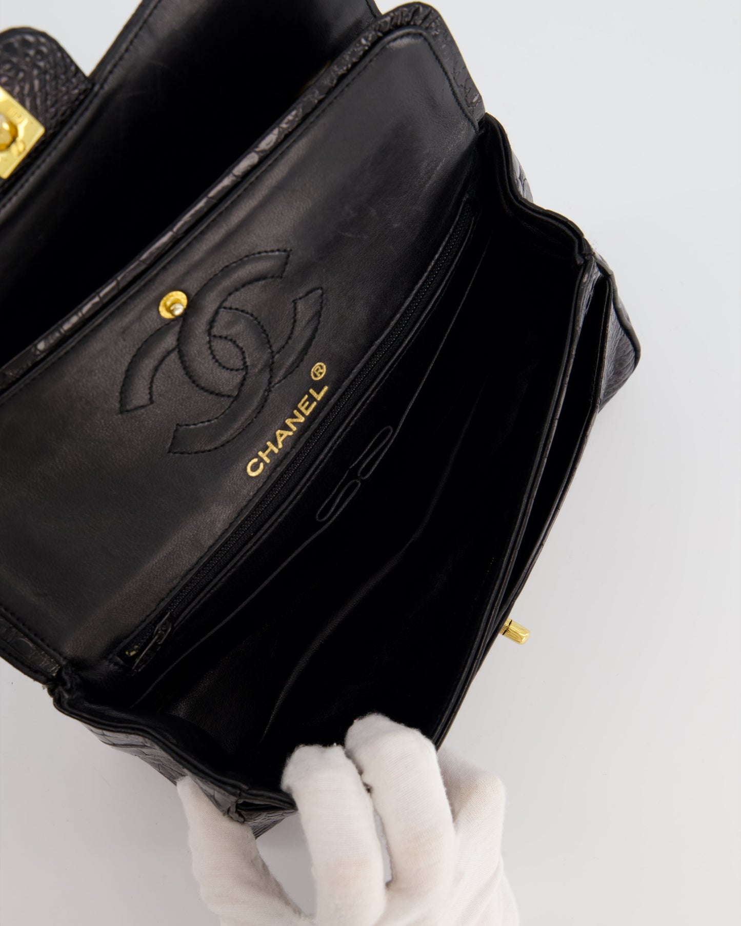 Chanel Black Classic Flap Bag in Shiny Crocodile Leather with 24K Gold Hardware