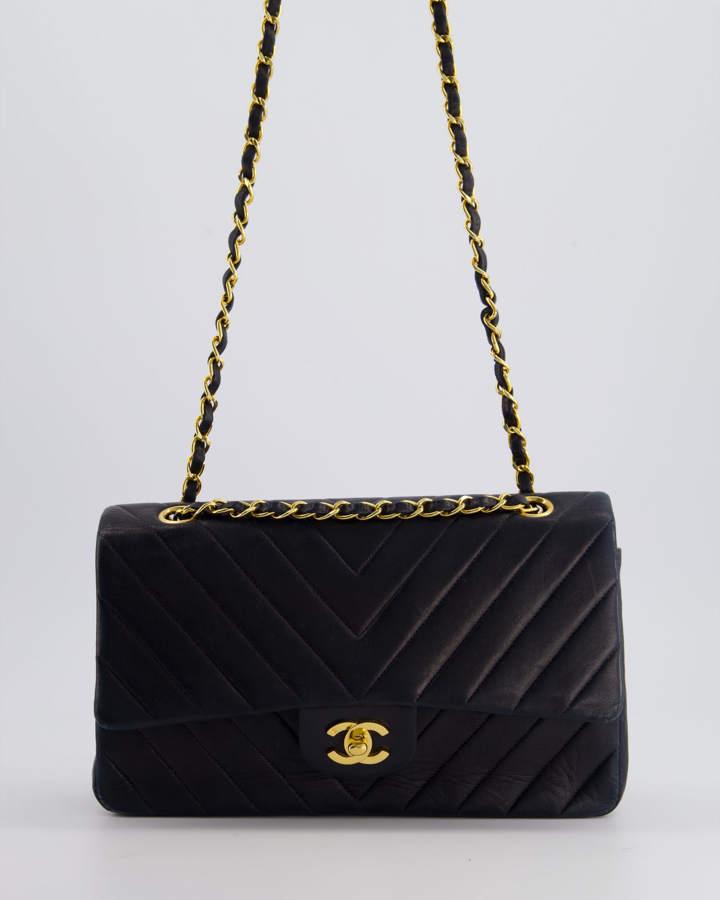 Chanel Navy Classic Medium Chevron Double Flap Bag - Rovelle Bags
