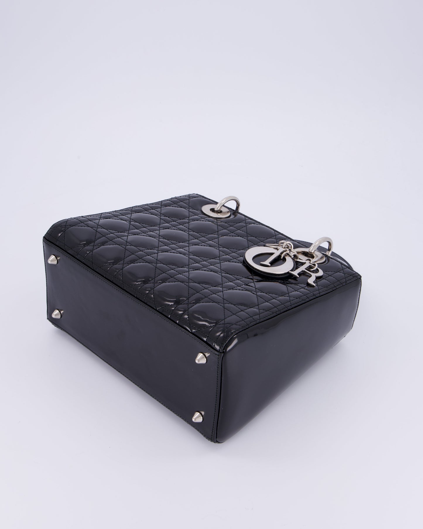 Christian Dior Black Patent Medium Lady Dior Bag with Silver Hardware