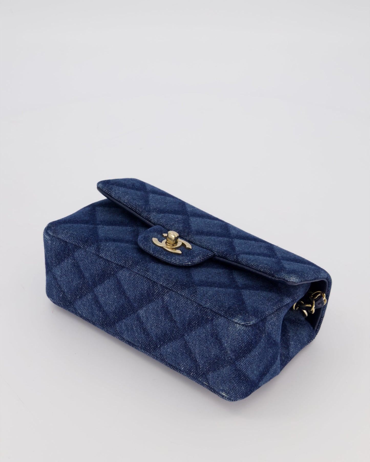 Chanel Dark Blue Quilted-Effect Blue Mini Rectangular Flap Bag in Denim with Gold Hardware