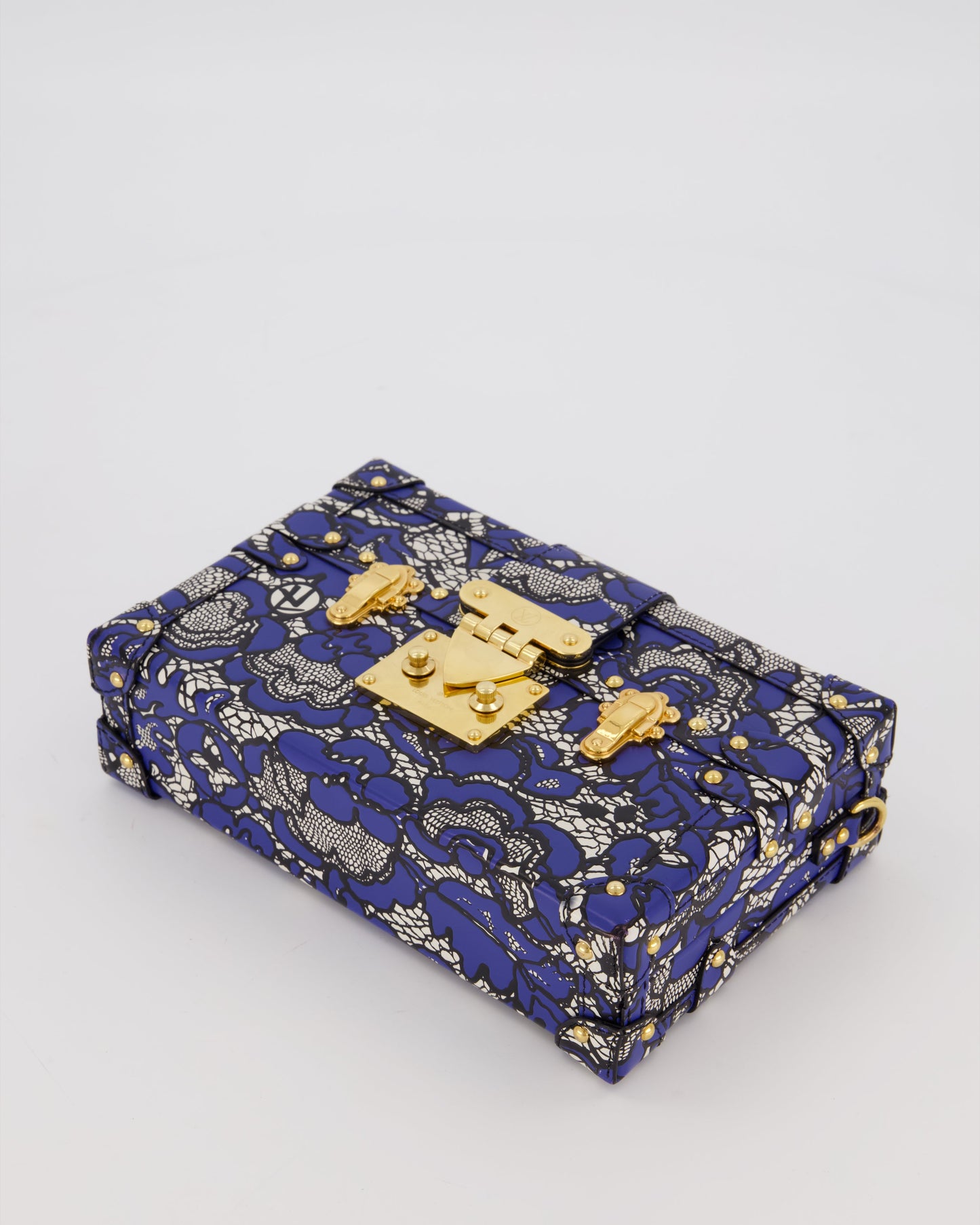 Louis Vuitton Blue Lace Floral Petite Malle Bag in Calfskin Leather With Gold Hardware