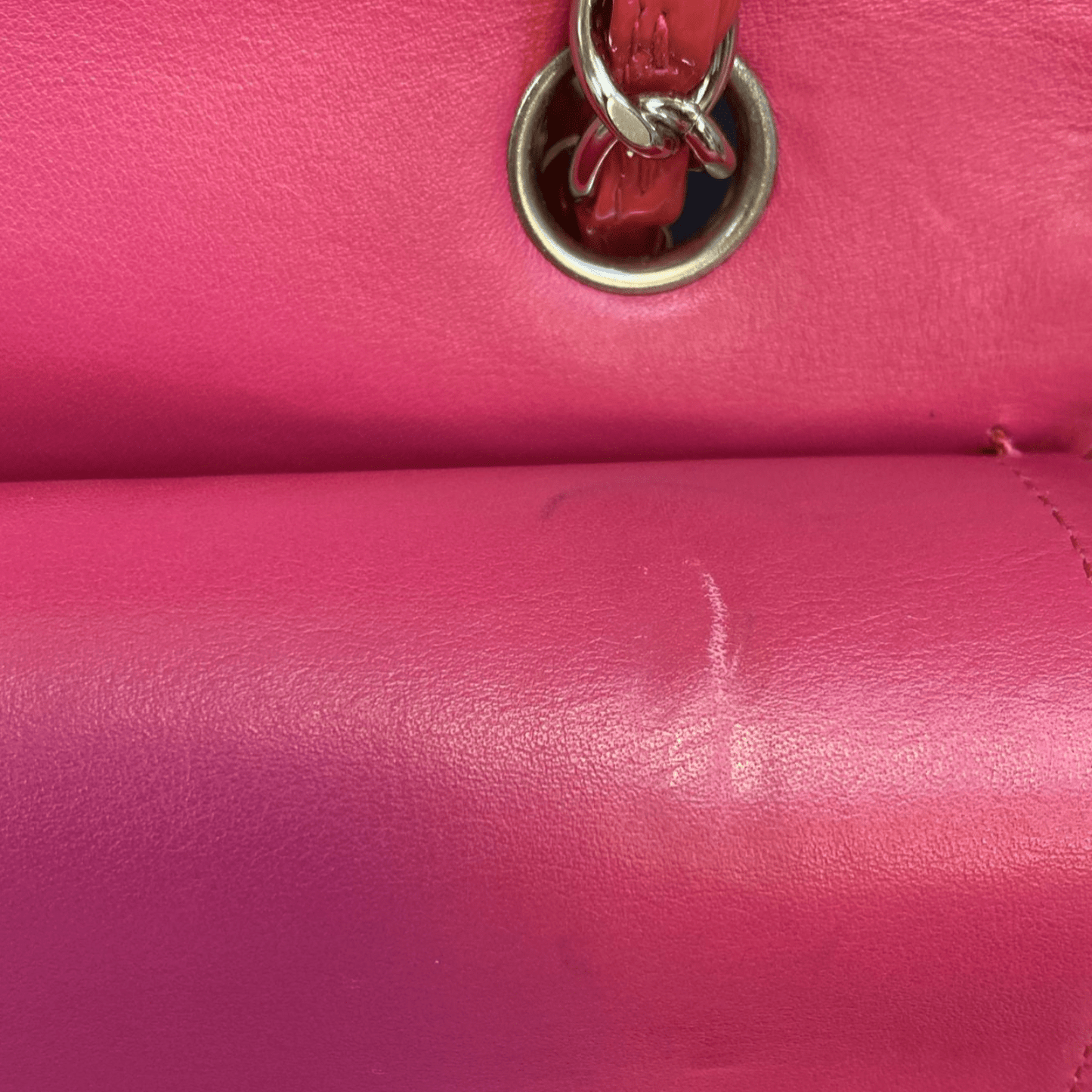 CHANEL Classic Double Flap Medium Quilted Patent Leather Shoulder Bag Dark Pink