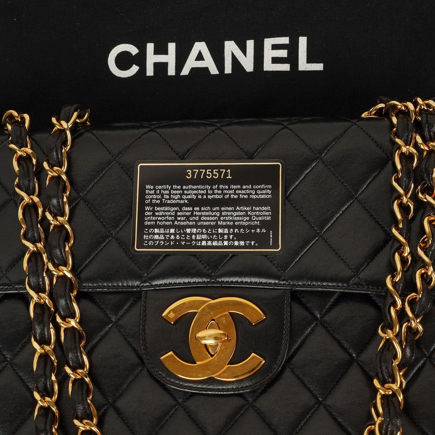 Chanel Jumbo CC Classic Single Flap Maxi Logo Bag Black Quilted Lambskin 24K Gold-Plated Hardware