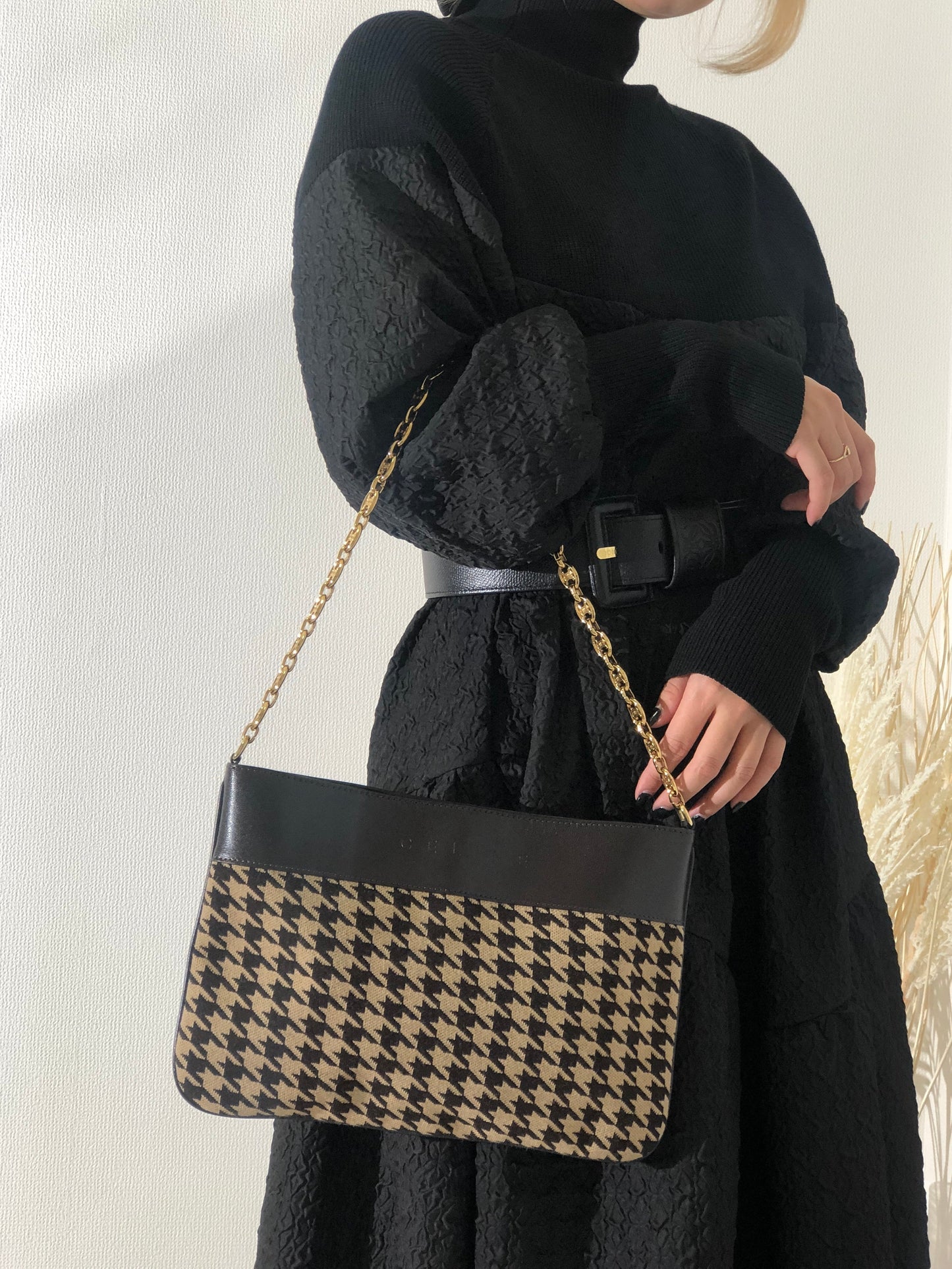 CELINE Triomphe Chain Houndstooth Fabric Leather Handbag Chain Shoulder bag Beige Brown f8gihb