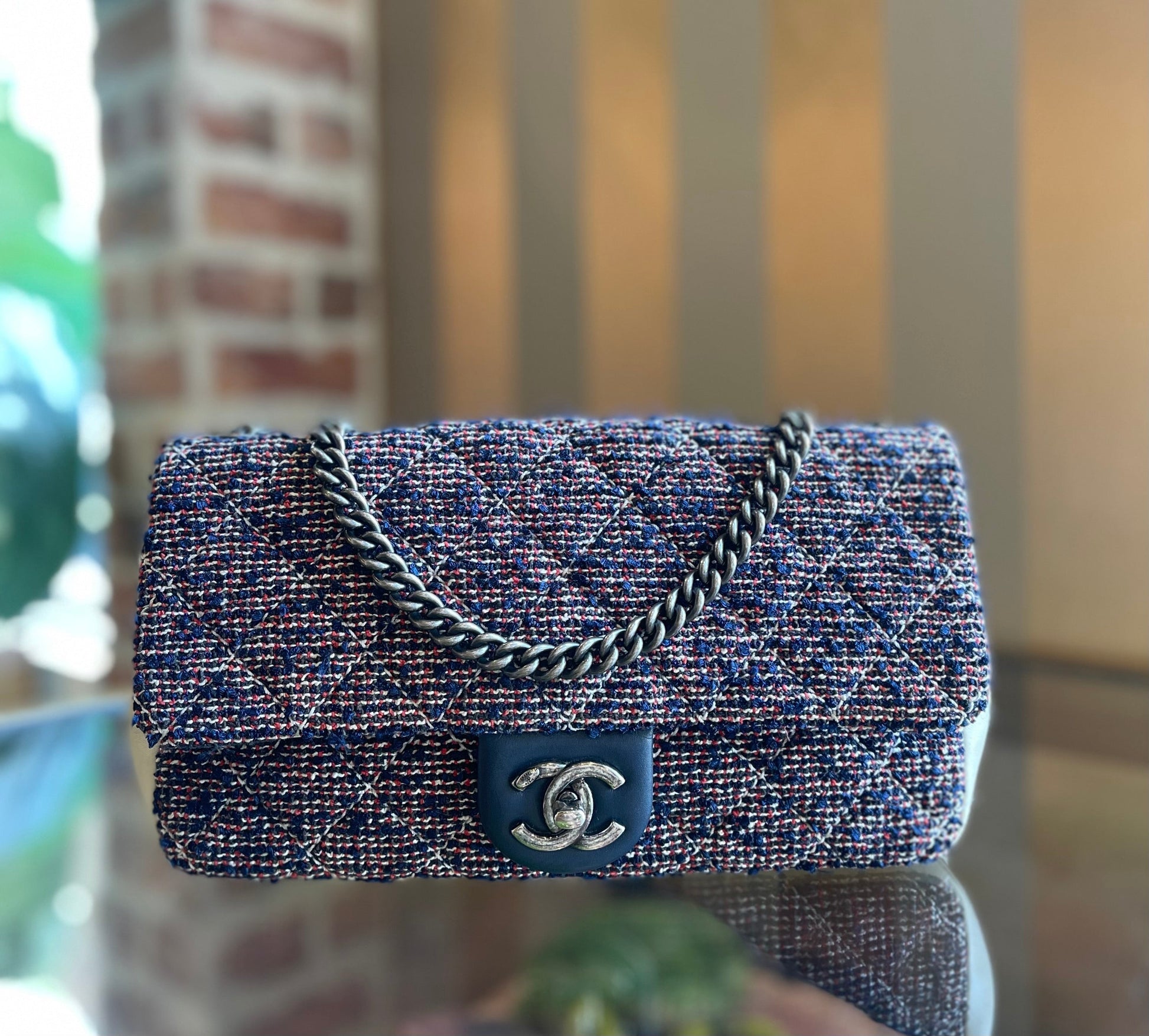 Chanel Red/Blue Tweed Quilted Shoulder Bag - Rovelle Bags