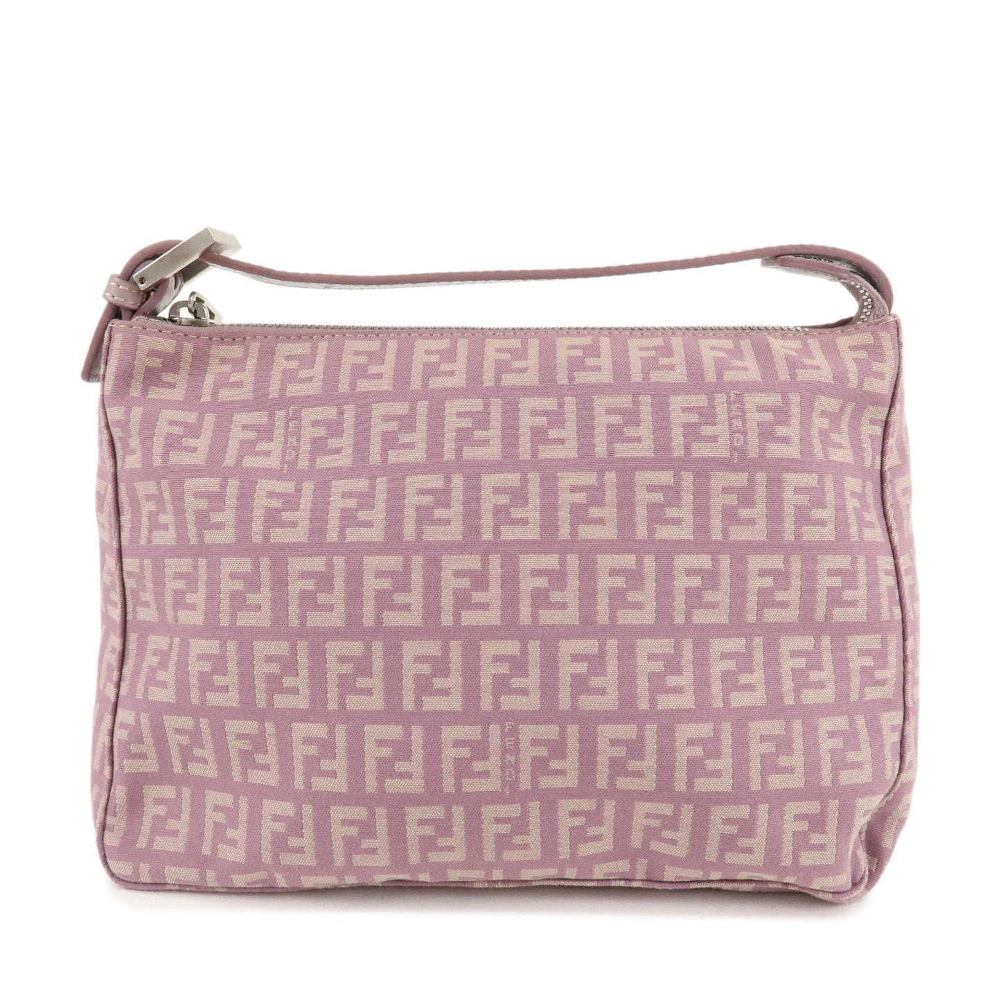 Auth FENDI Zucchino Canvas Leather Hand Bag Pouch Purple Beige 8N0005 F/S