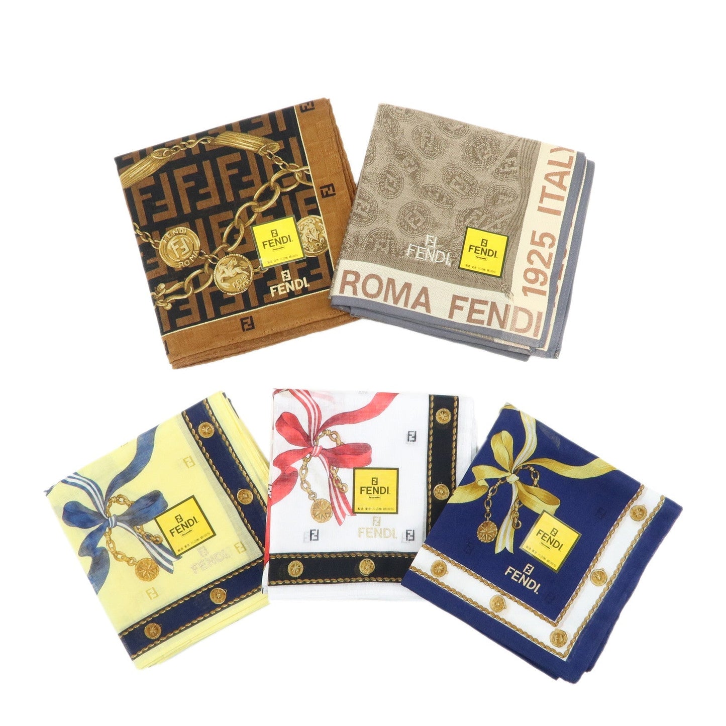 FENDI Set of 5 Cotton 100% Handkerchief Brown Beige Yellow White