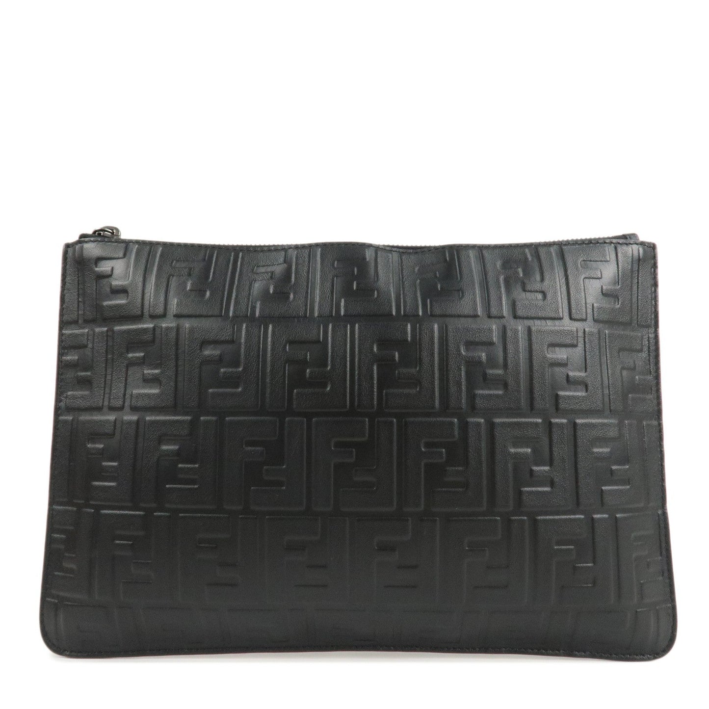 FENDI Zucca Leather Clutch Bag Hand Bag Black 7N0078