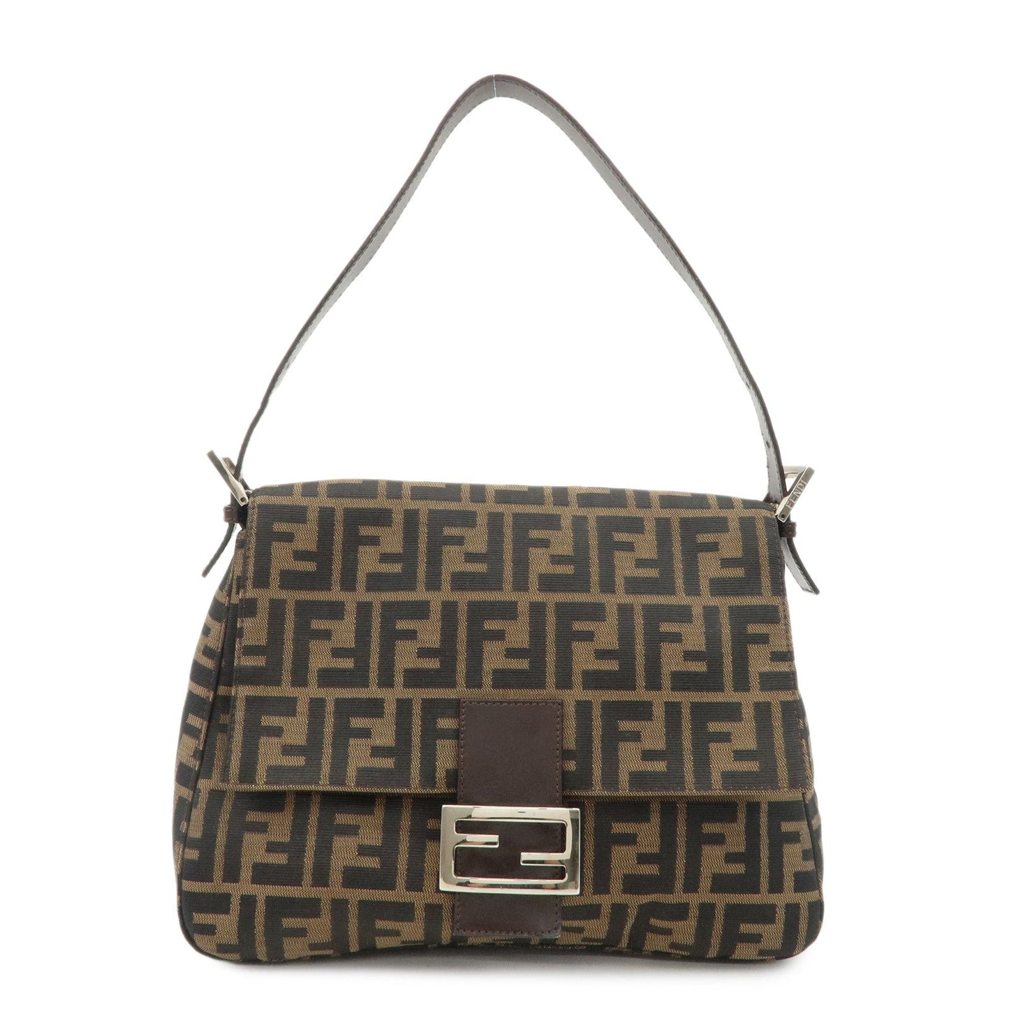 FENDI Mamma Baguette Canvas Leather Shoulder Bag Silver HDW 26325