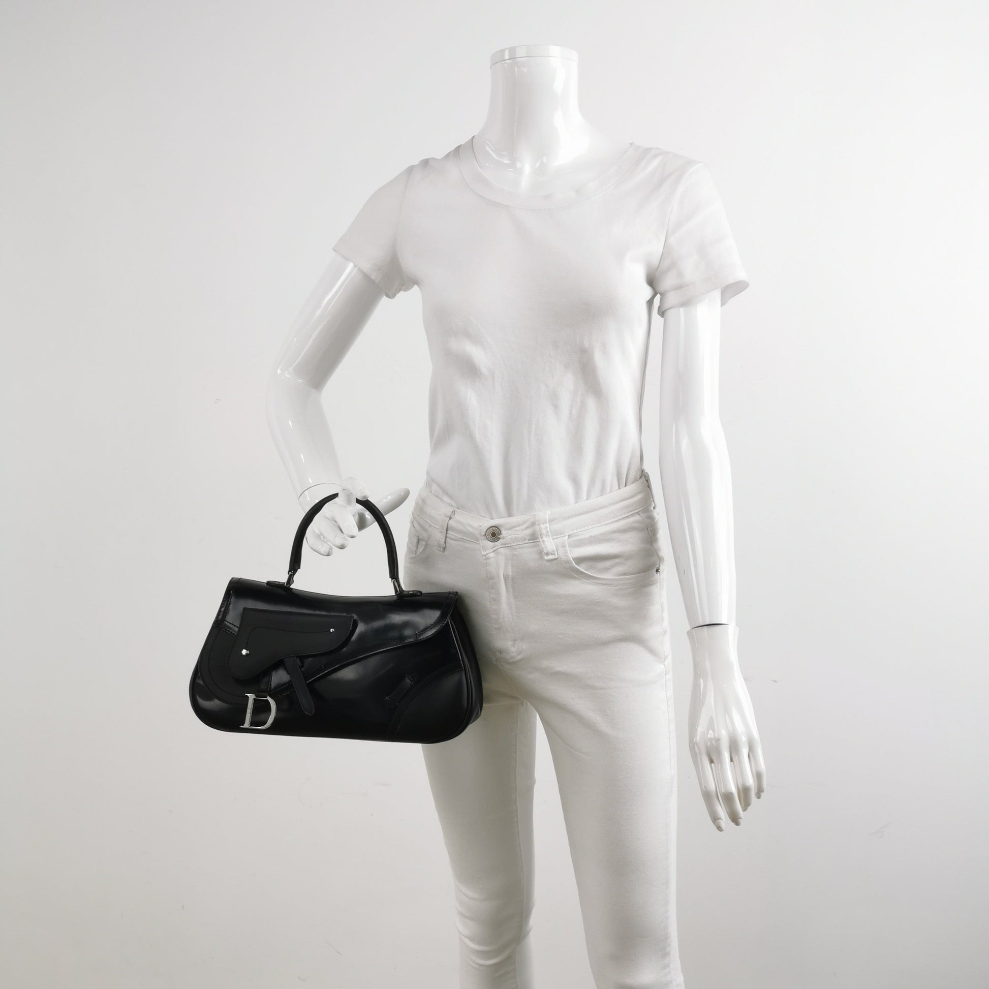 Dior Top Handle Saddle Bag Black Smooth Shiny Calfskin Leather