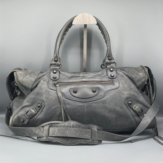 Balenciaga Classic City Distressed Leather Shoulder Handbag Grey