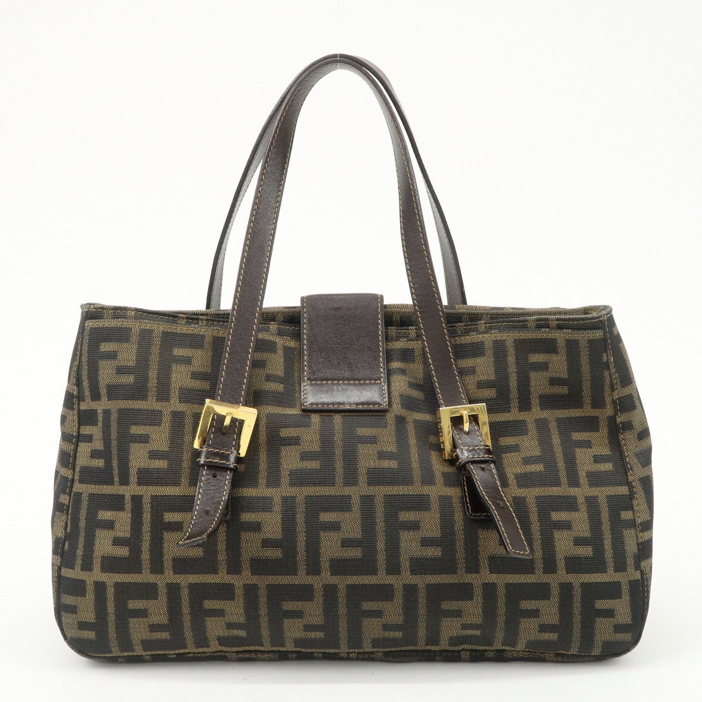 FENDI Zucca Canvas Leather Hand Bag Brown Black Gold Hardware