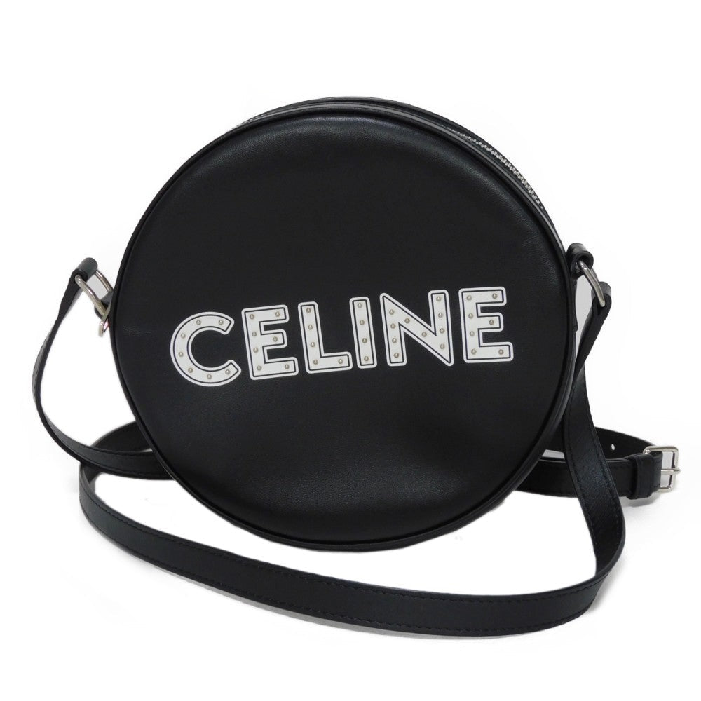 CELINE Shoulder Bag . Calfskin Black x white logo studs Round Mini Bag Women(Unisex)