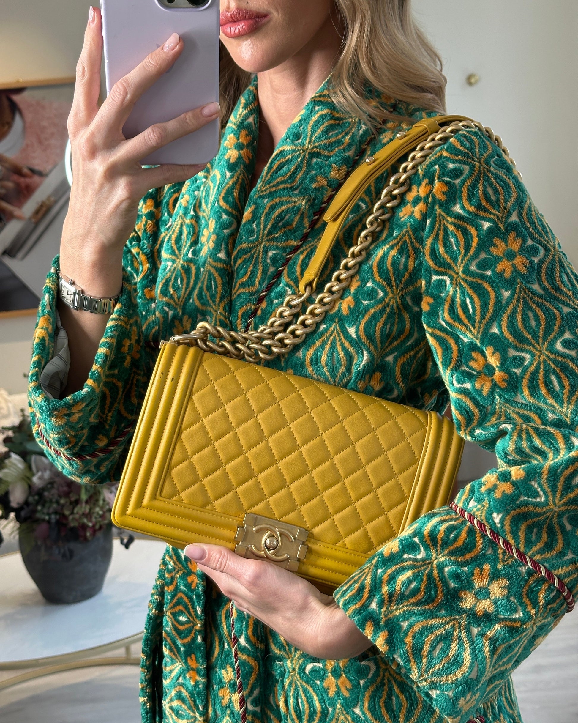 Chanel Mustard Yellow Medium Boy Handbag - Rovelle Bags