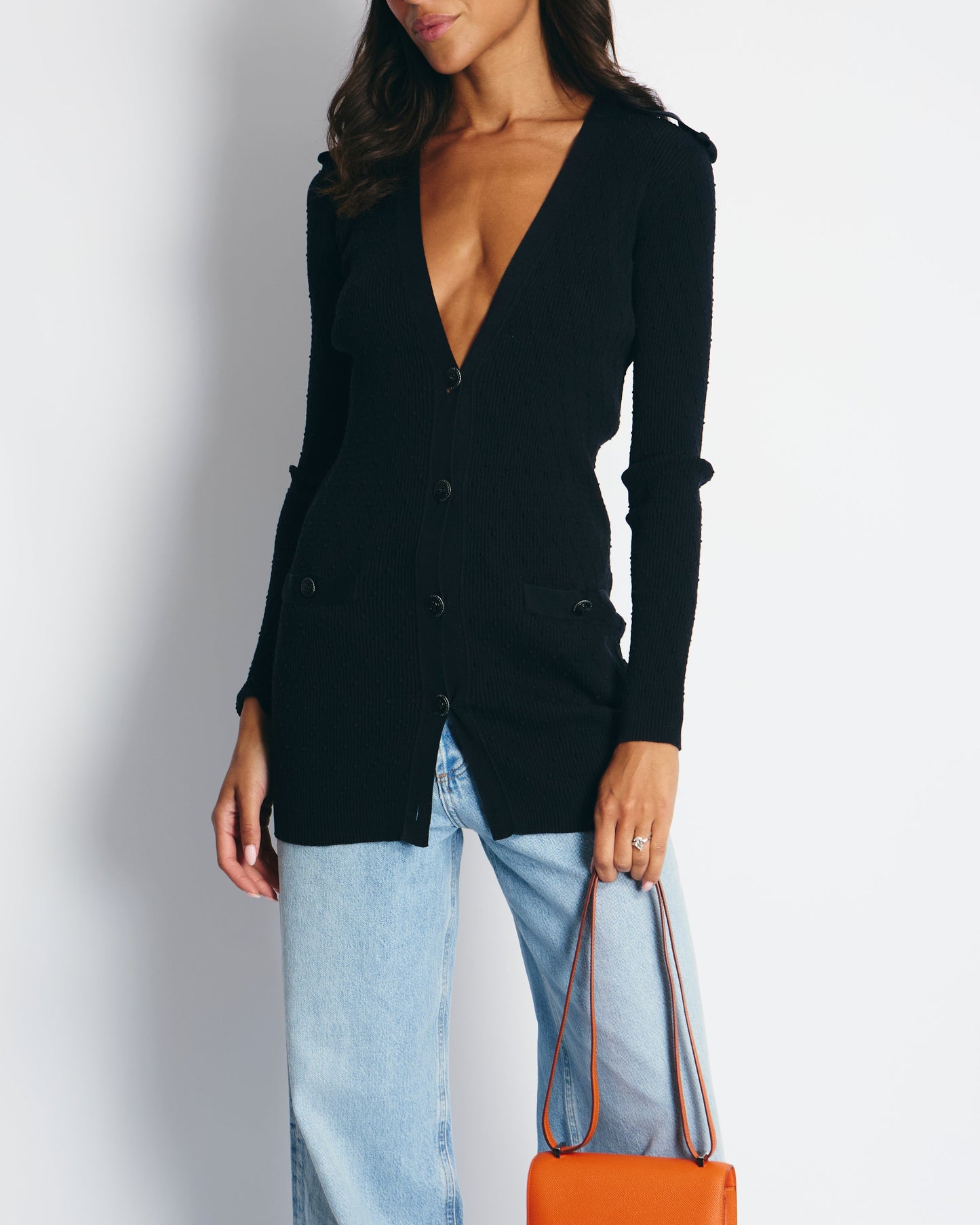Chanel 16P Black Ribbed Cardigan with Shoulder Bag - Rovelle Bags