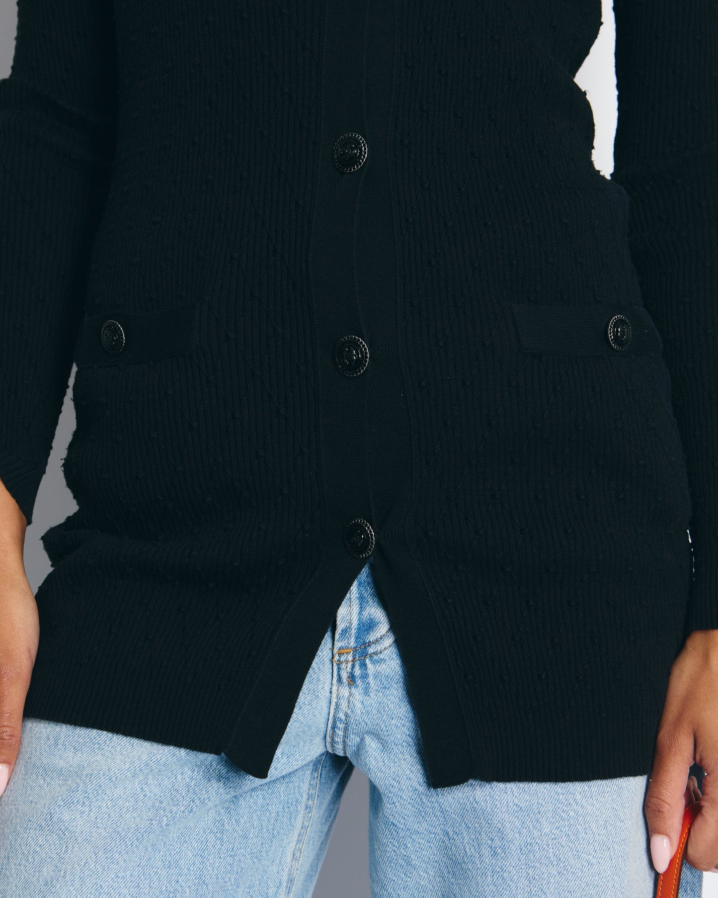 Chanel 16P Black Ribbed Cardigan with Shoulder Bag - Rovelle Bags