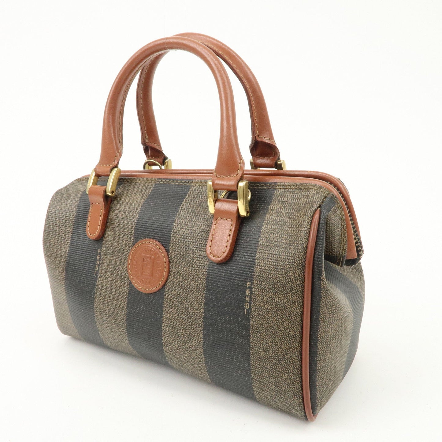 FENDI Pequin PVC Leather 2Way Mini Boston Bag Brown Black